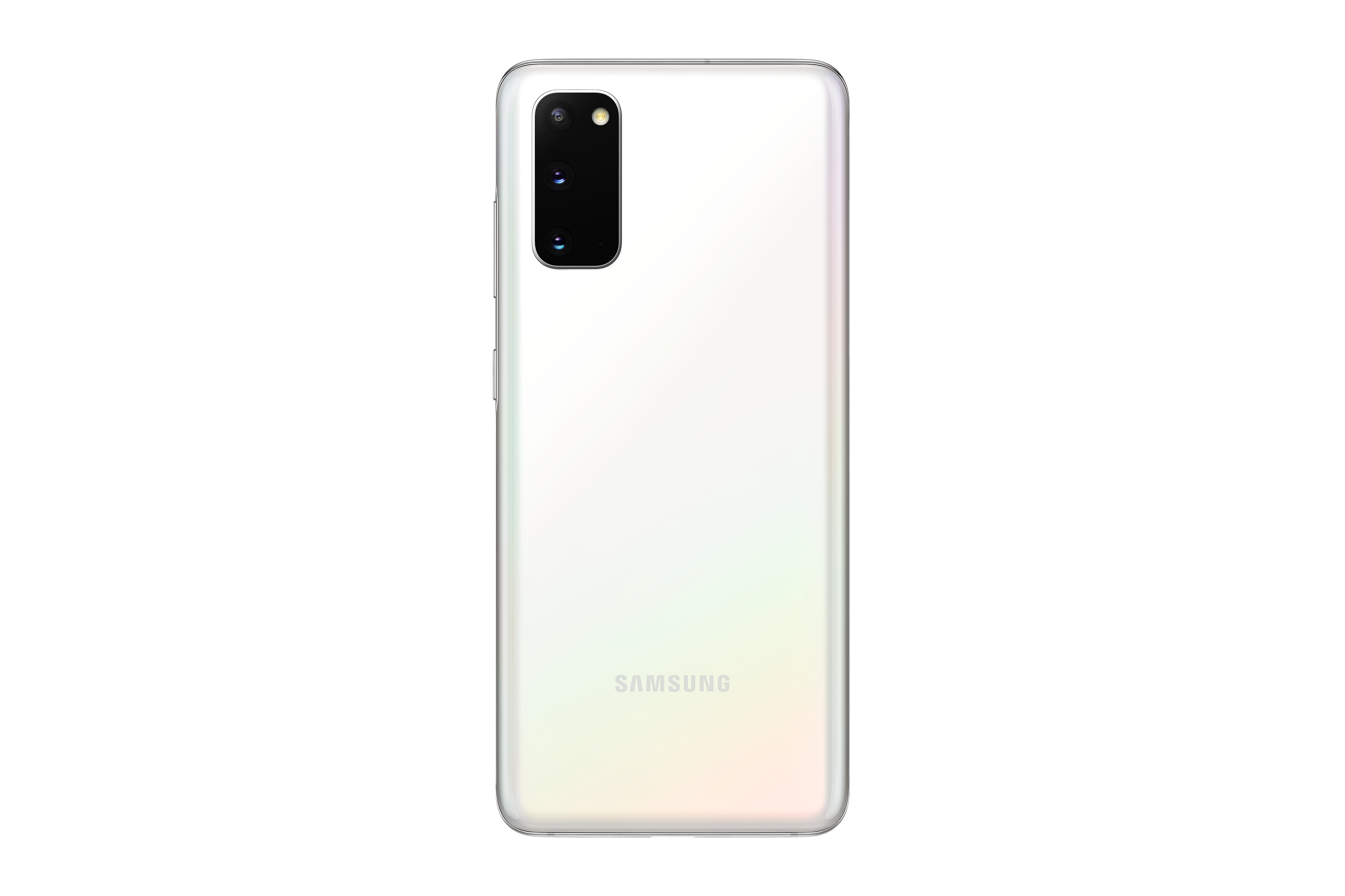 Een witte Samsung-telefoon op een witte achtergrond. Het heeft meerdere camera's en het Samsung-logo.