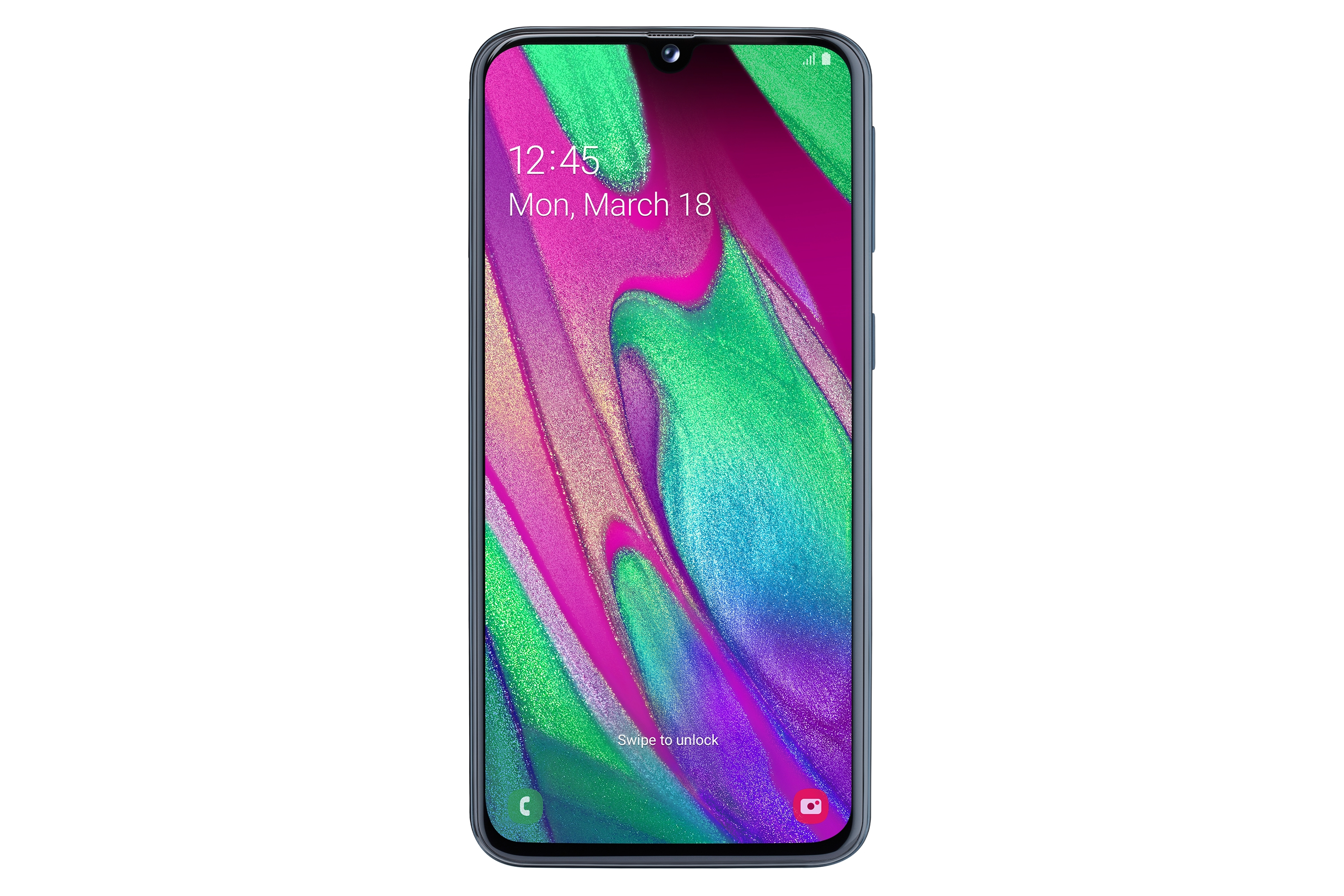 Smartphone zeigt Uhrzeit und Datum. Der Bildschirm hat einen grün-blauen Farbverlauf.