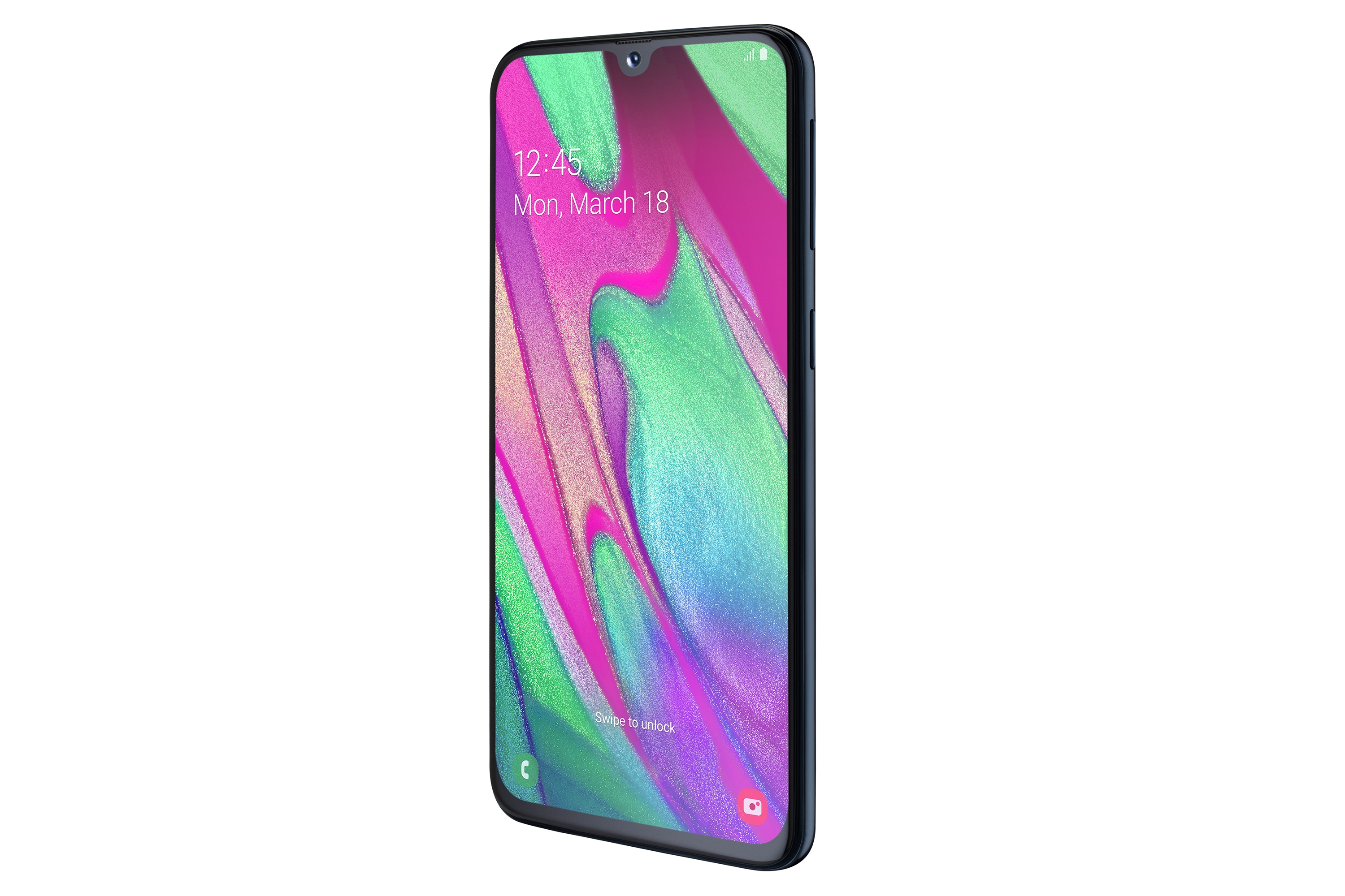 Ein schwarzes Telefon mit Uhrzeit und Datum auf dem Bildschirm, auf weißem Hintergrund.