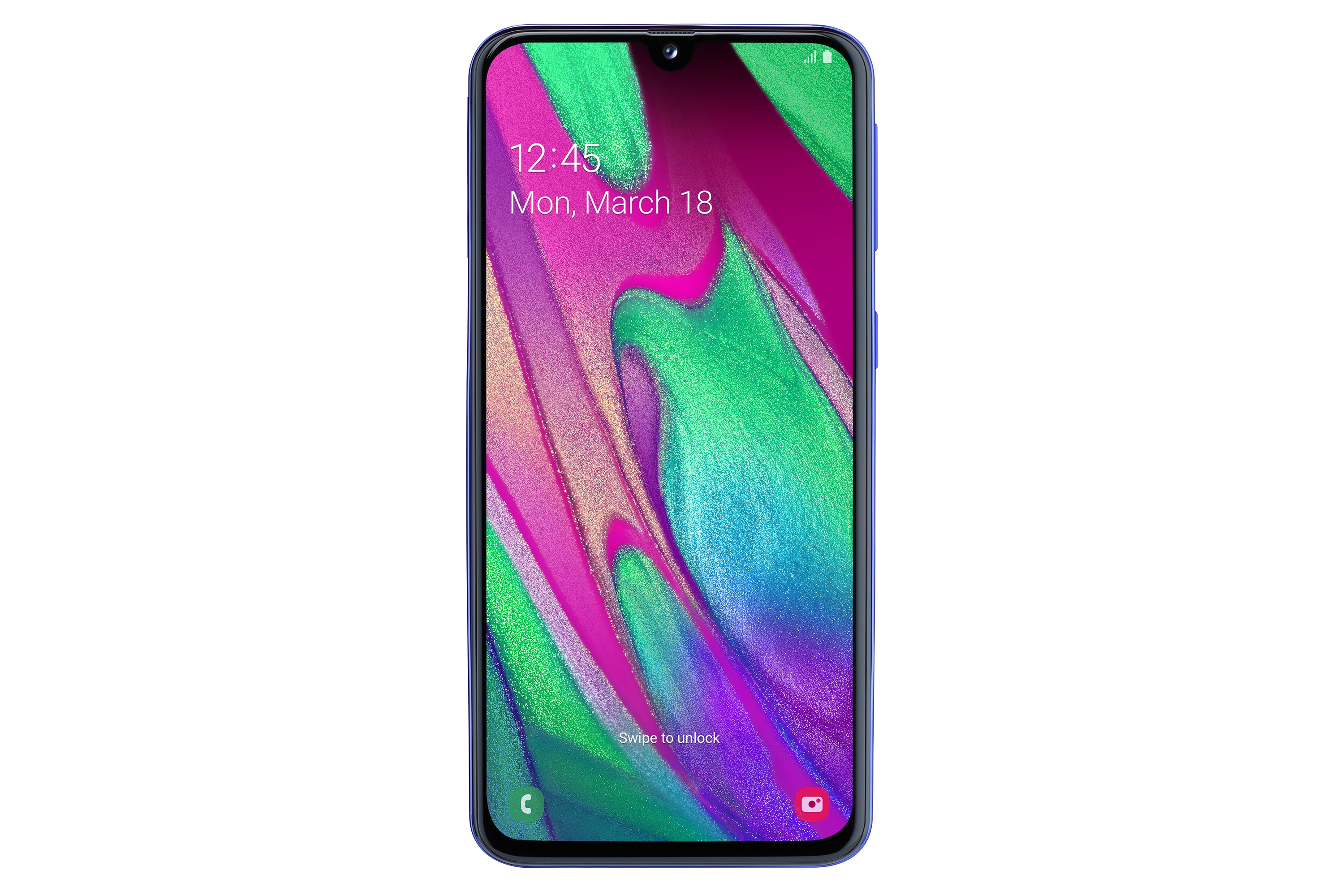 Uno smartphone Samsung blu con schermo colorato.
