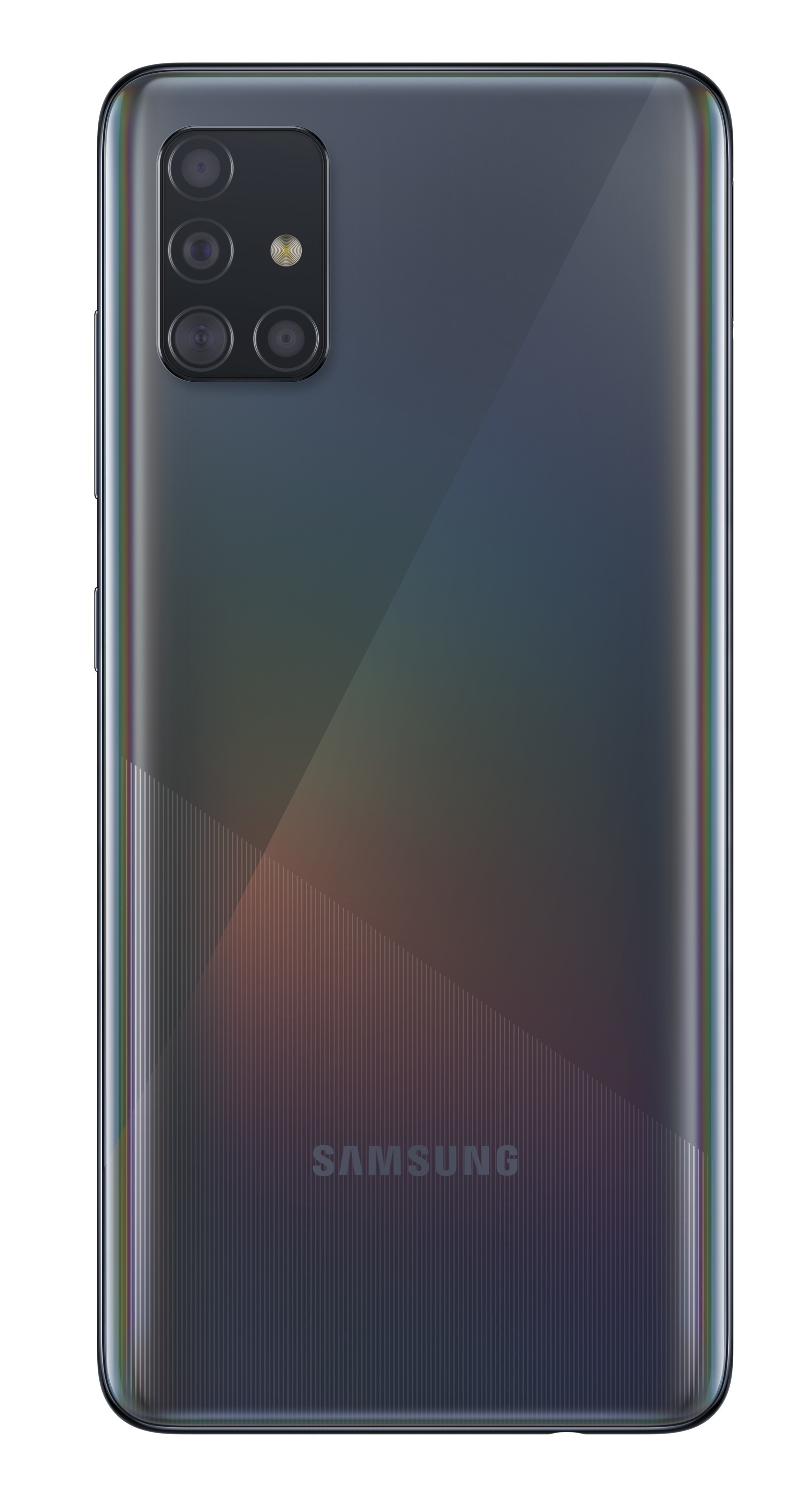 Ein dunkel gefärbtes Telefon mit Samsung-Logo auf der Rückseite. Farbverlauf auf der Rückseite.