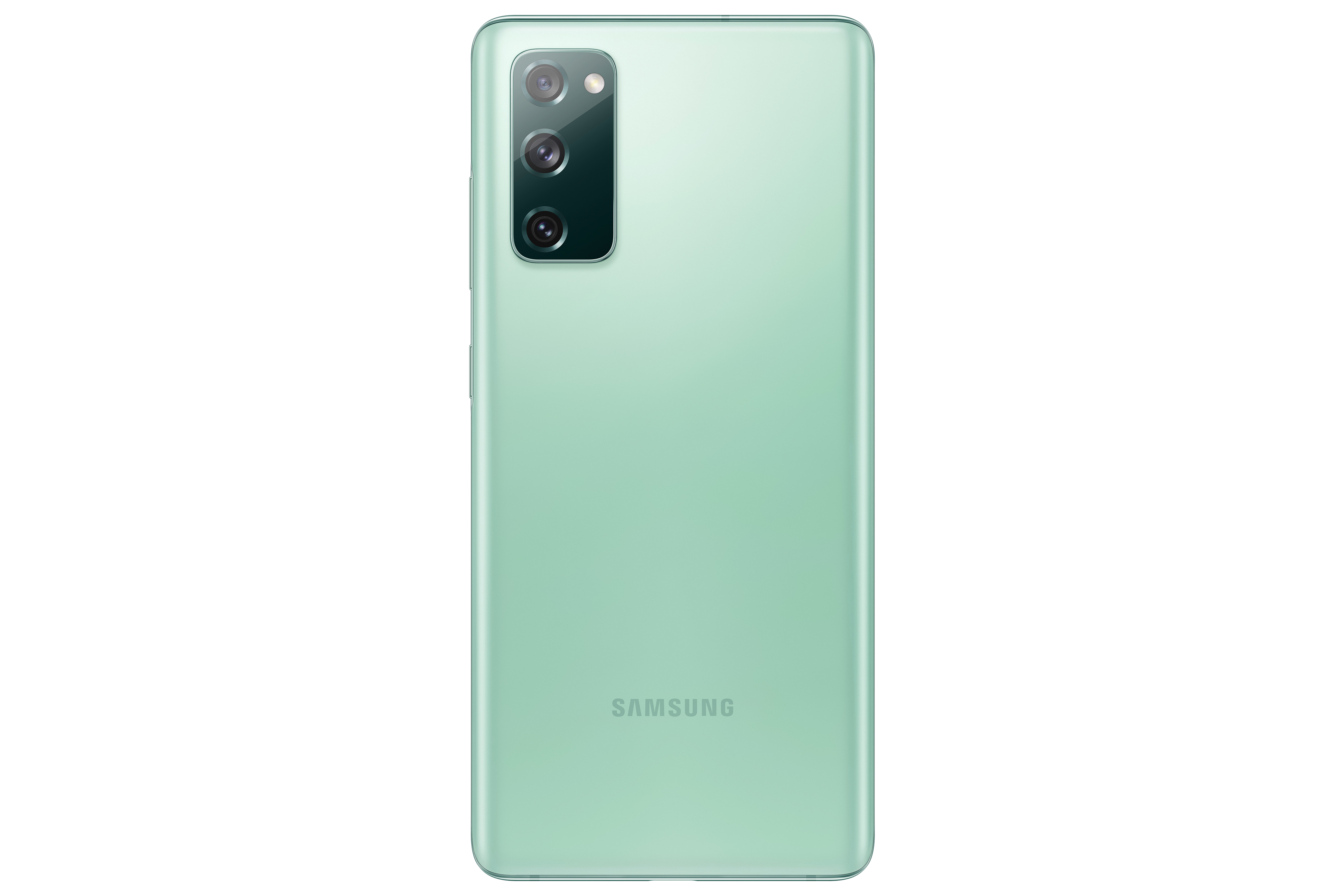 Rückseite eines mintgrünen Telefons. Samsung-Logo unten sichtbar, drei Kameras.