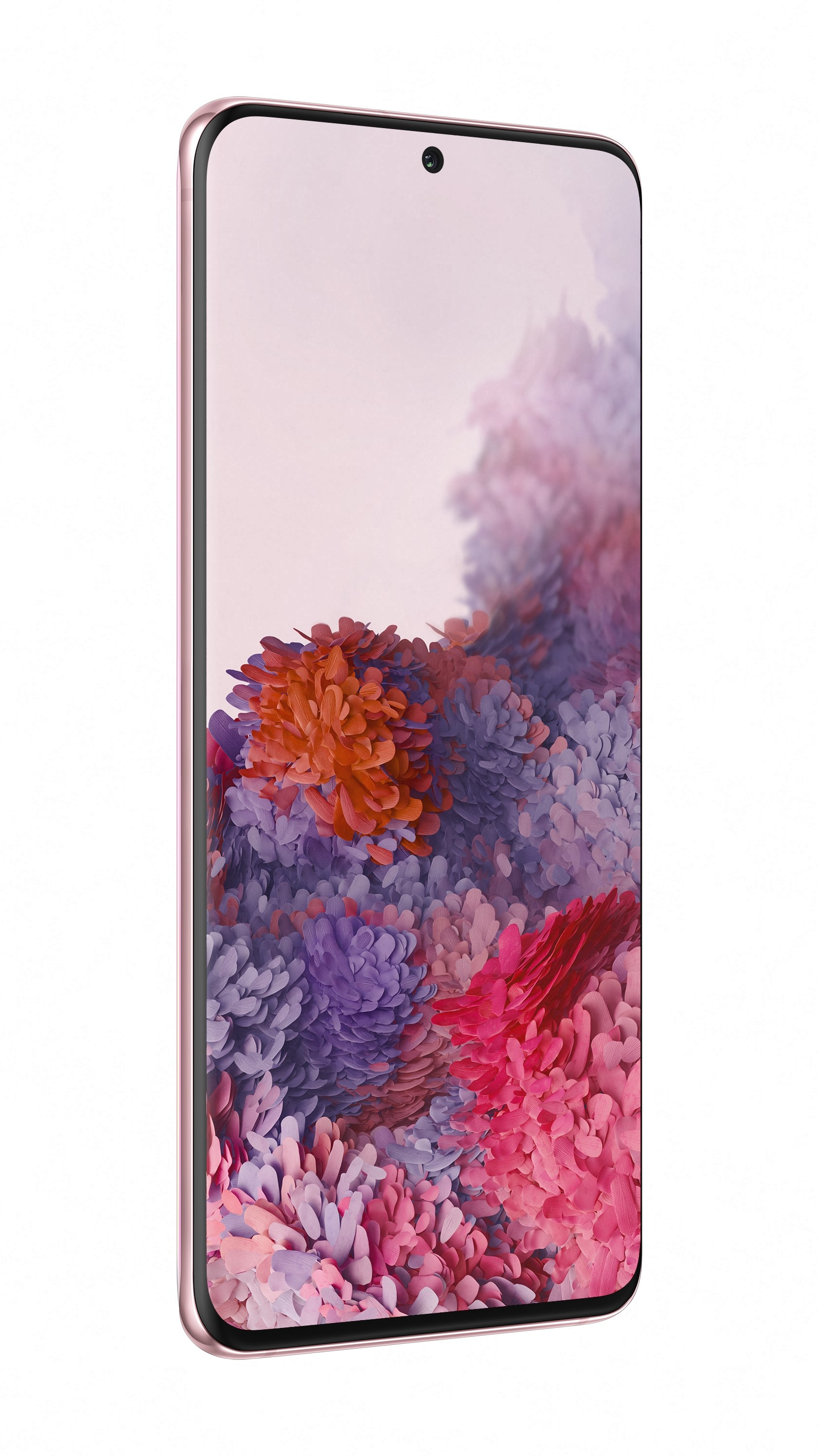 Ein pinkfarbenes Smartphone mit einem Bildschirm, der ein farbenfrohes Bild anzeigt.