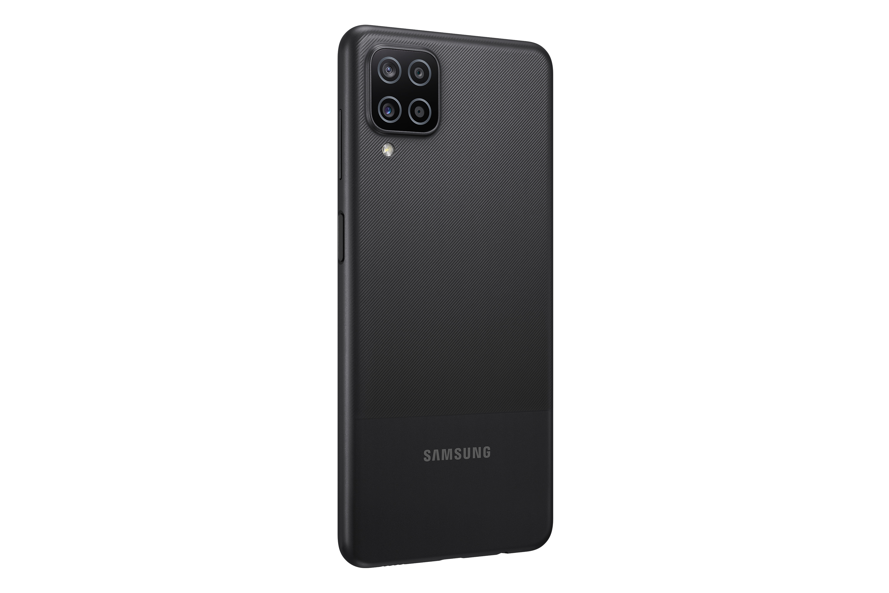 Schwarzes Samsung-Smartphone, Rückansicht. Verfügt über drei Kameras in der oberen linken Ecke und das Samsung-Logo.