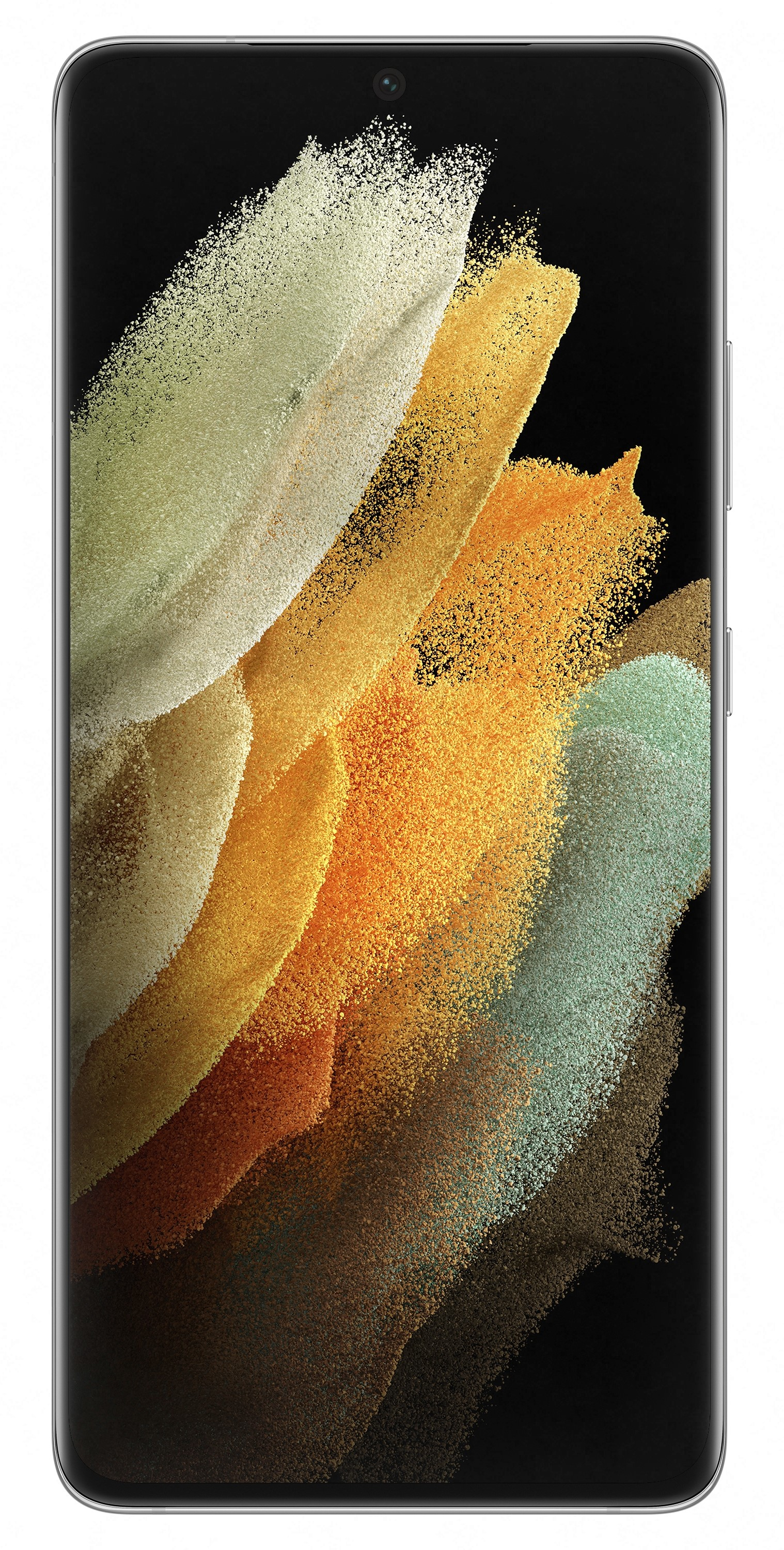 Zwarte smartphone met volledig scherm dat kleurrijke abstracte penseelstreken toont.