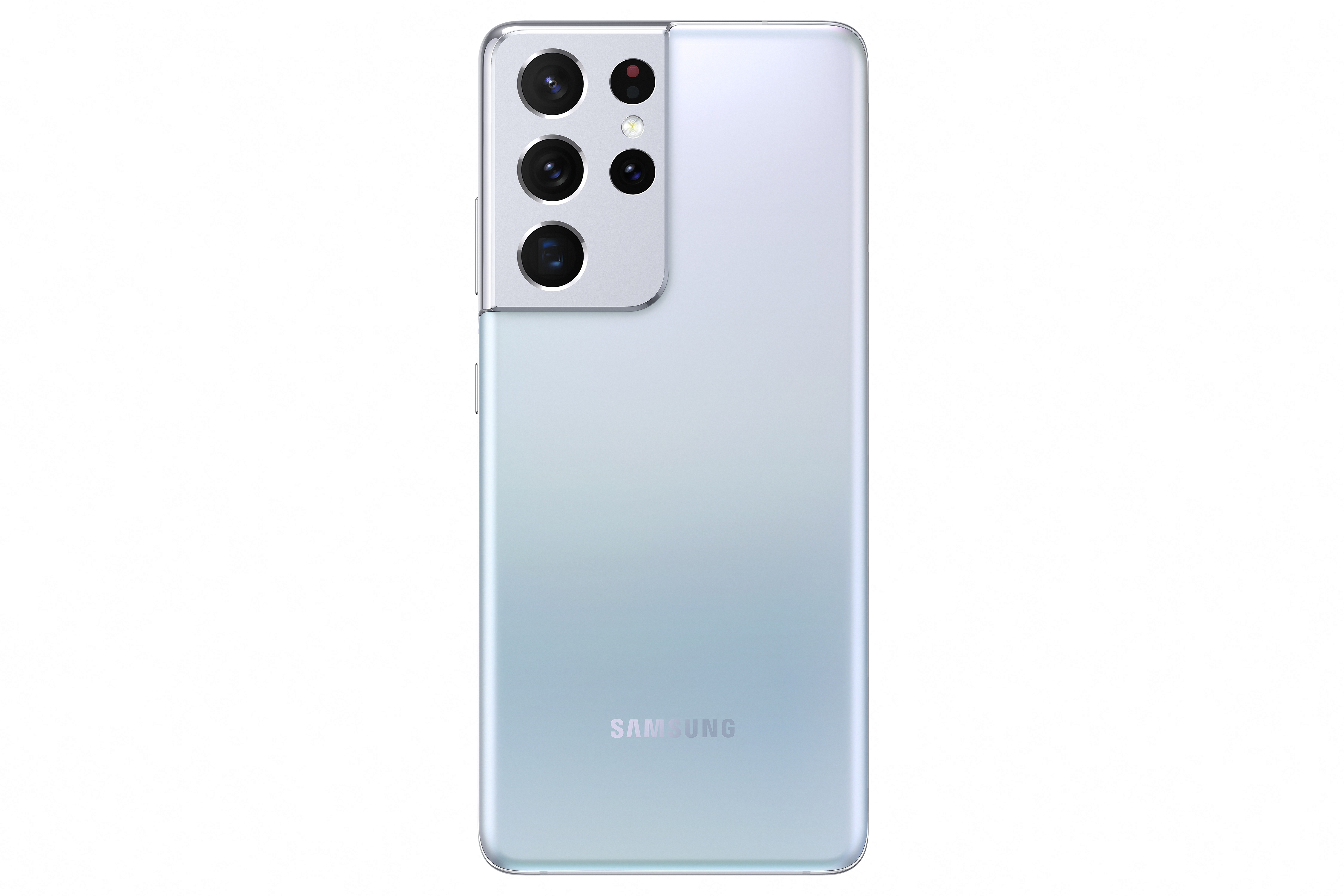 Achteraanzicht van een telefoon met meerdere camera's en een lichtblauwe kleurovergang.