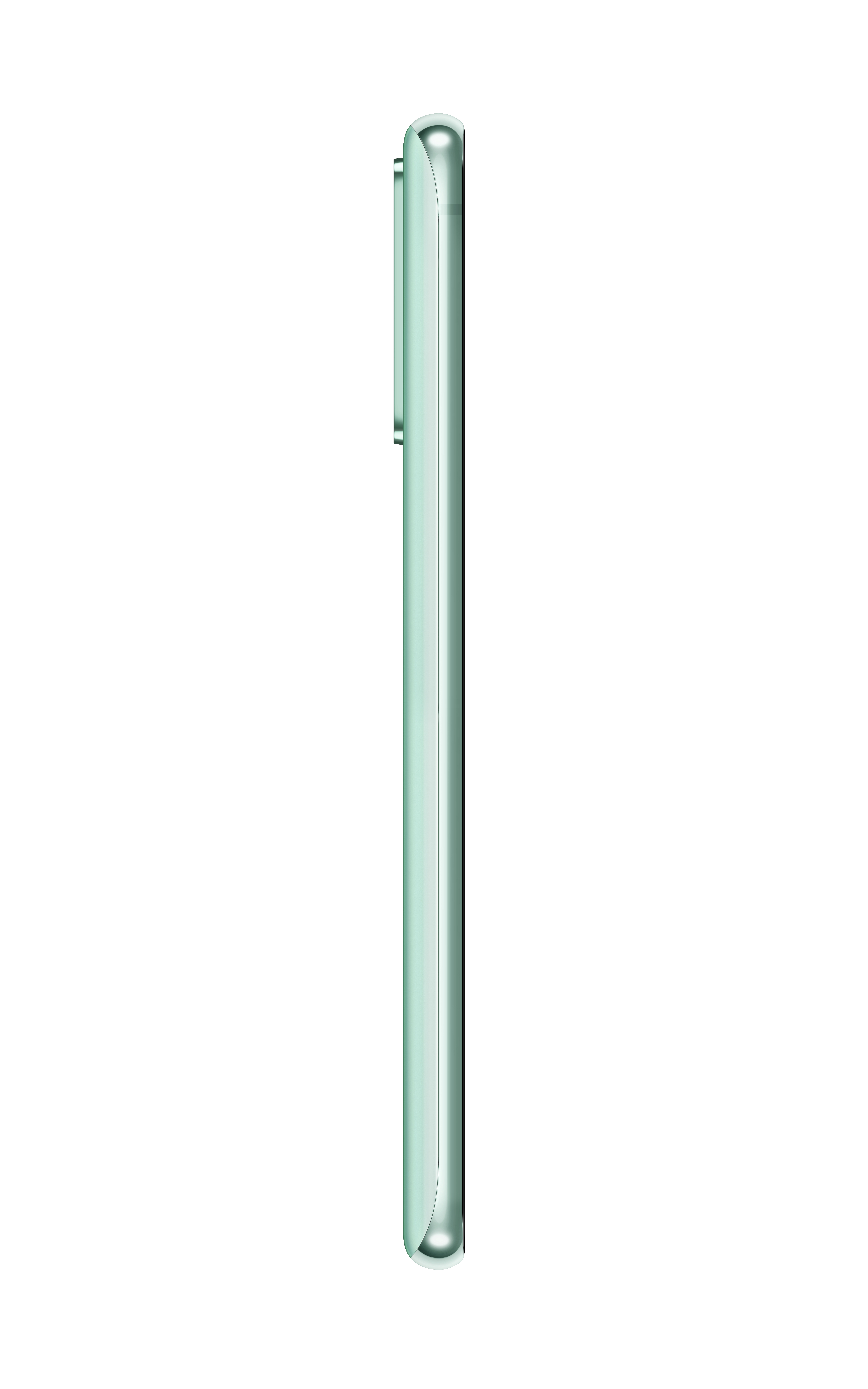 A side view of a mint-green phone, showing its edge and the camera.