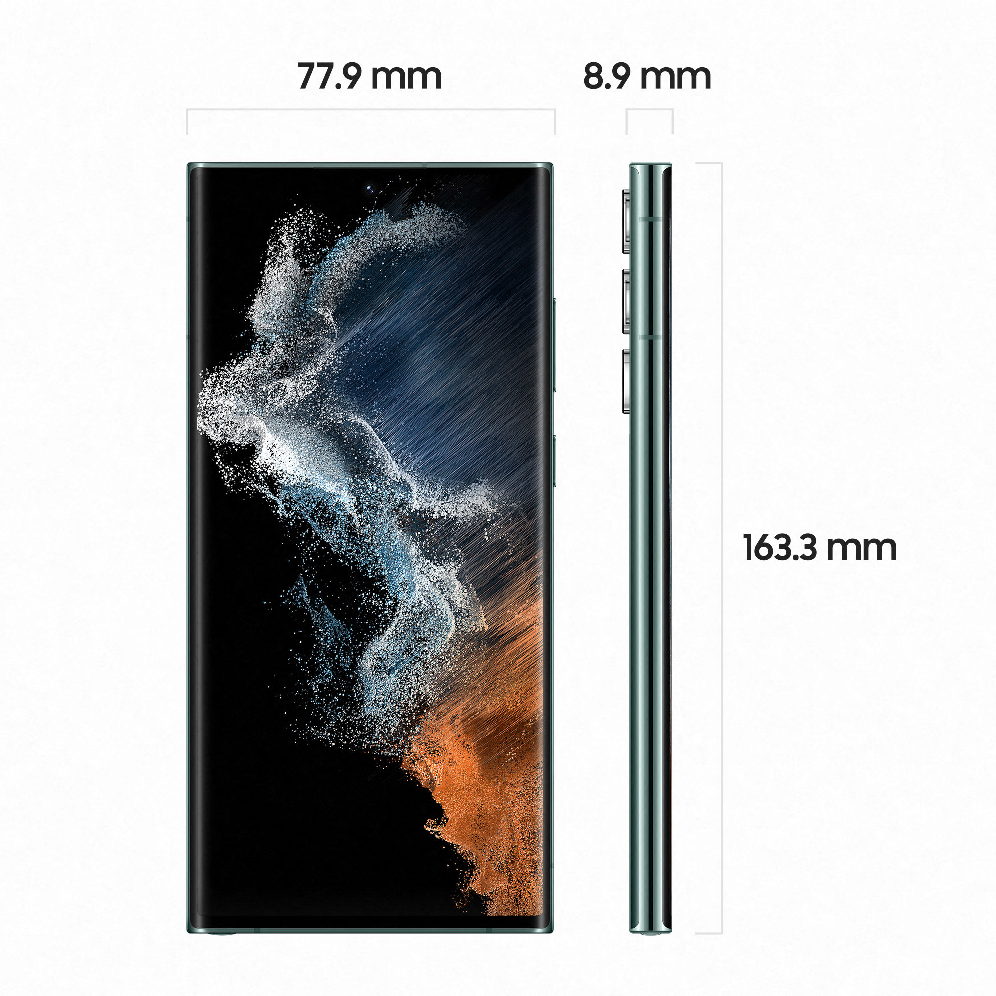 Grünes Smartphone, Abmessungen angezeigt. Telefon hat gebogenen Bildschirm, Seitentasten. Maße: 77,9x163,3x8,9 mm.