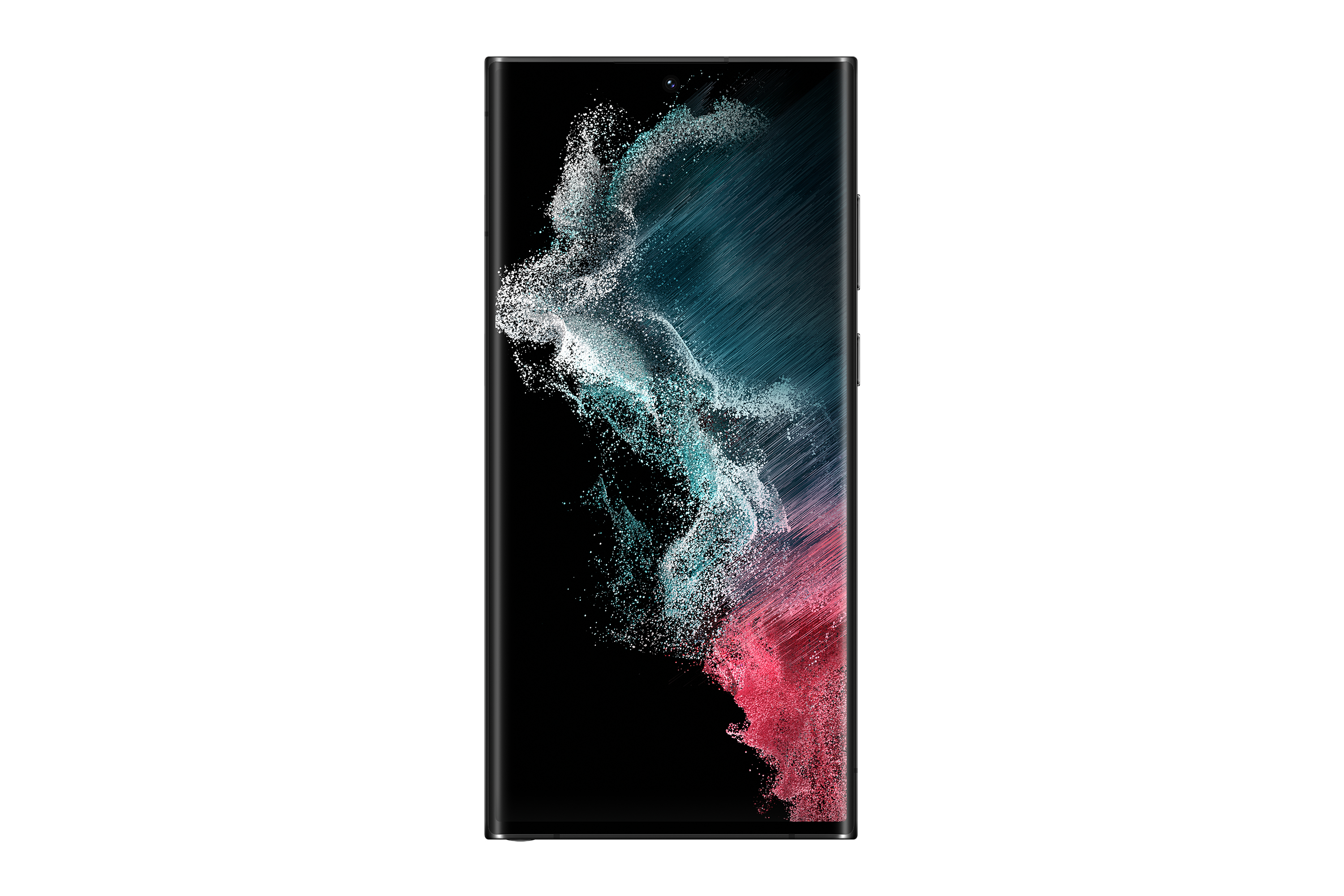 Ein schwarzes Smartphone mit einem farbenfrohen abstrakten Design auf dem Bildschirm.