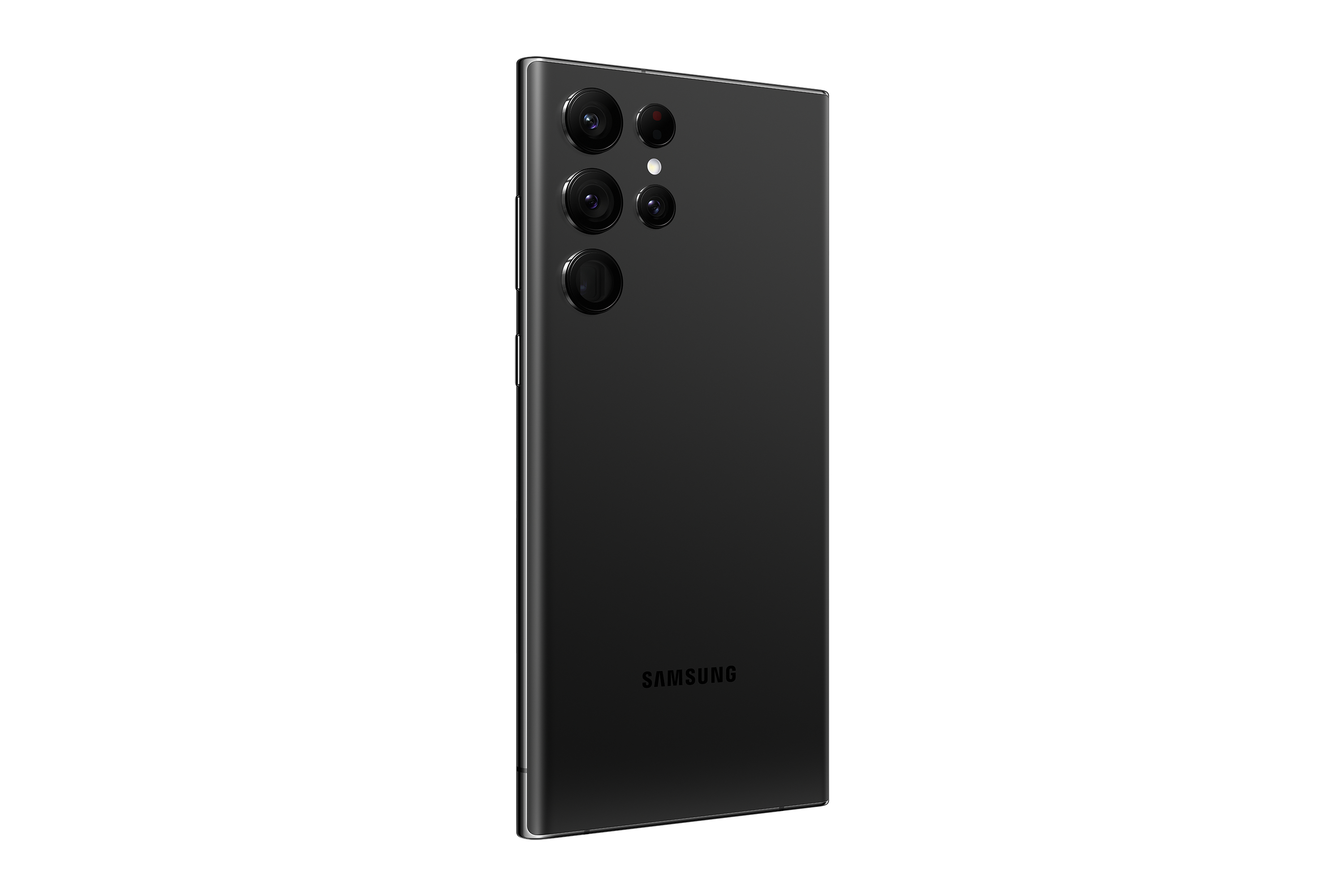 Schwarzes Samsung-Telefon, zeigt die Rückseite mit mehreren Kameras.