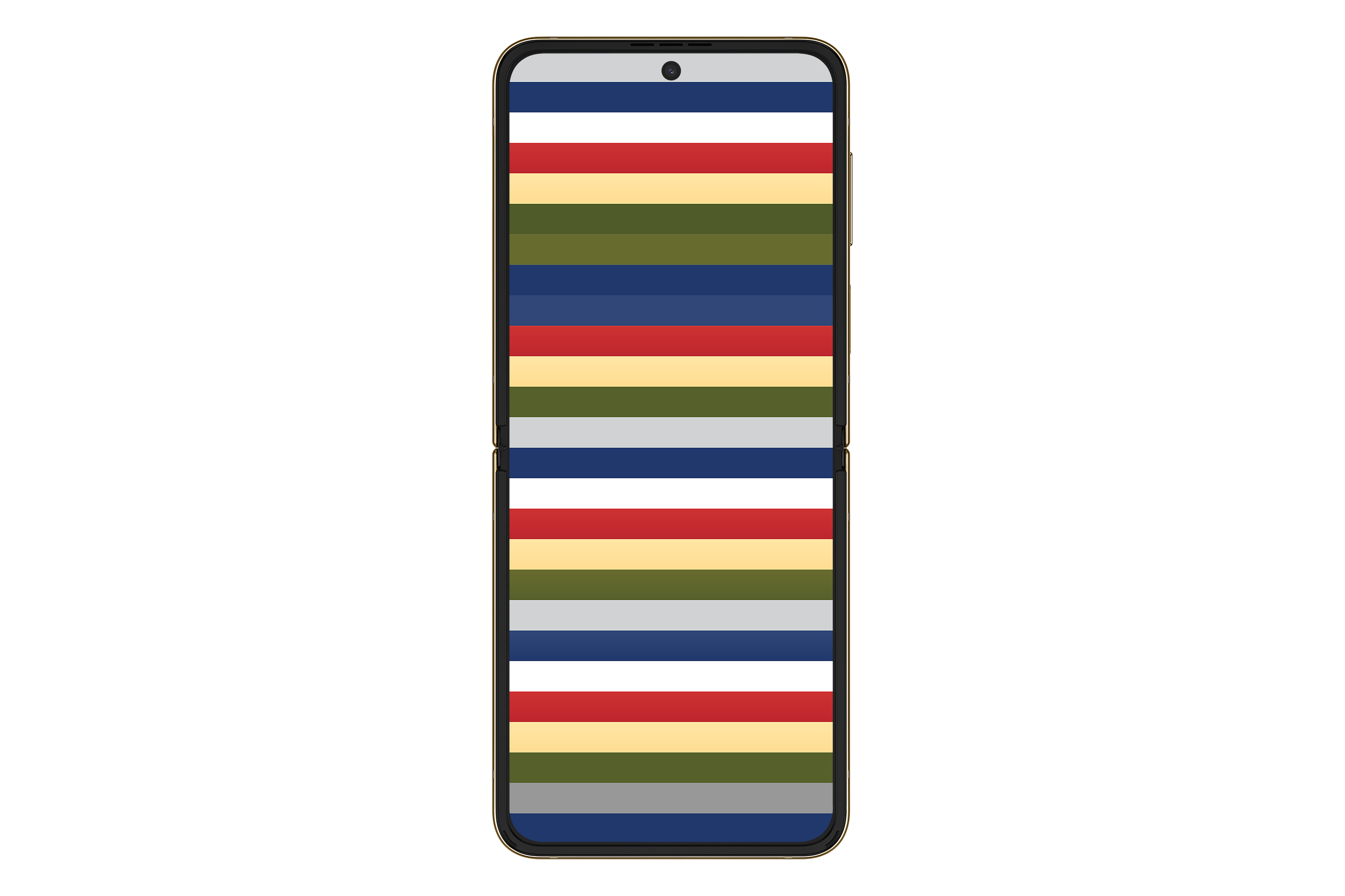 Teléfono inteligente plegable con un patrón de rayas multicolores en la pantalla y un bisel negro.