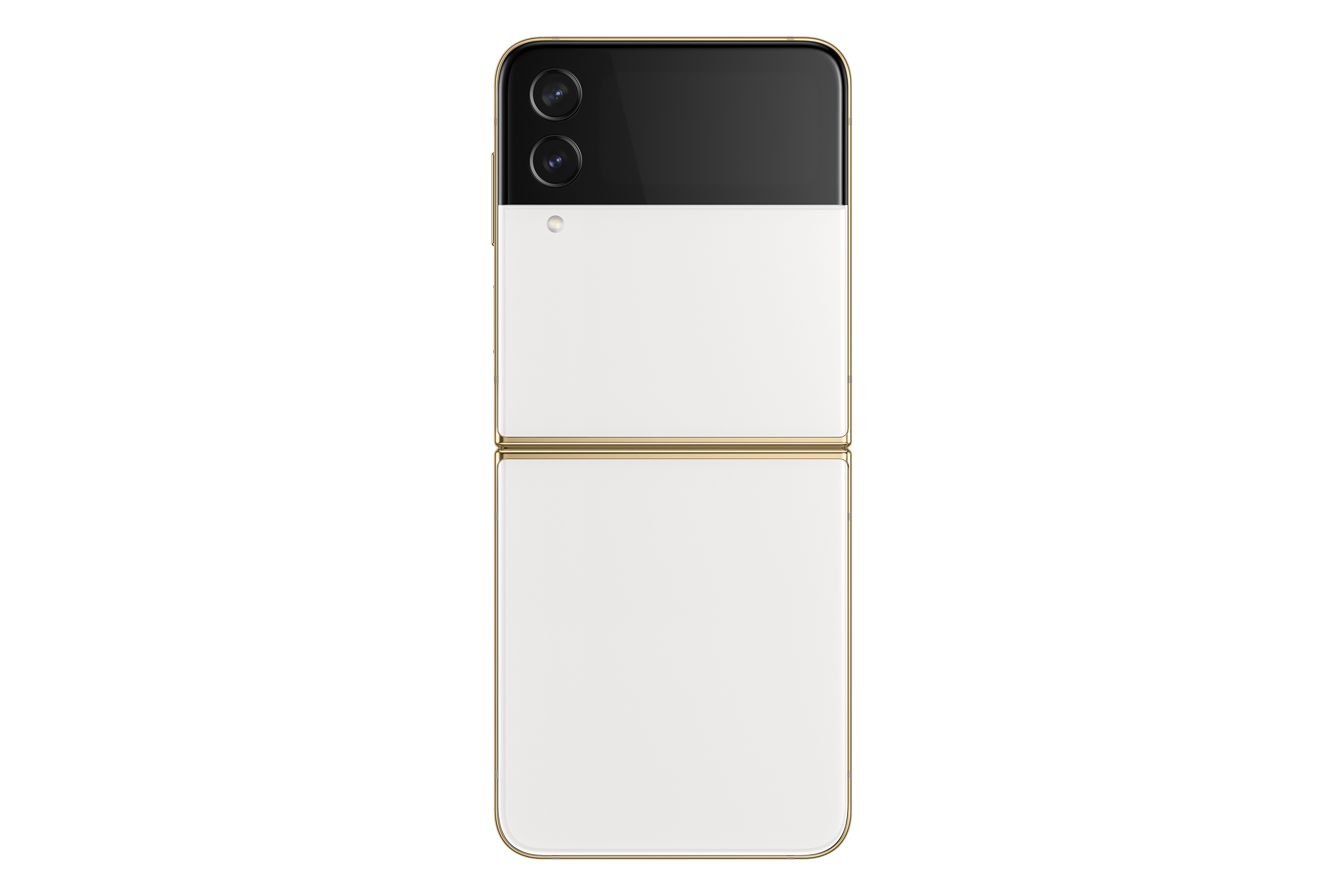 Smartphone blanco plegable con marco dorado, panel trasero con dos cámaras y franja negra.