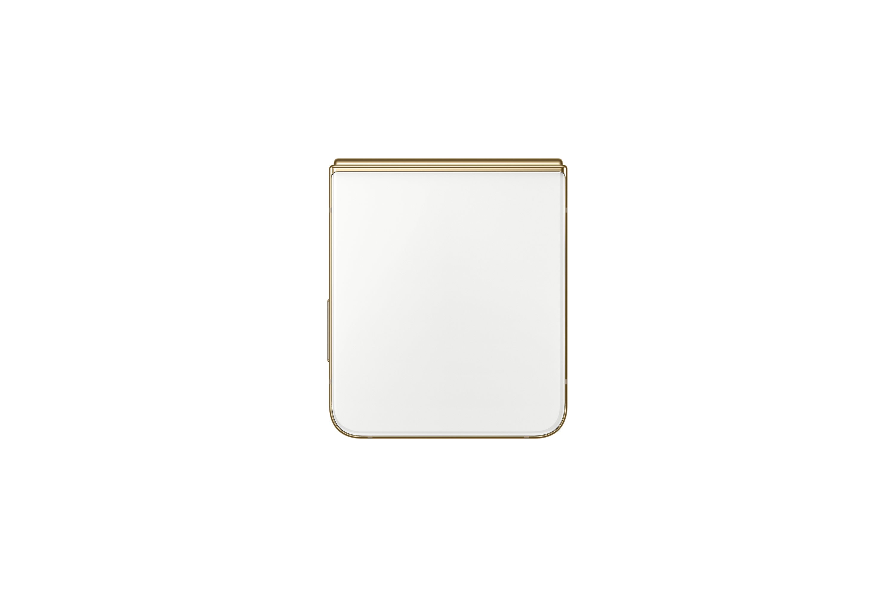 Un teléfono blanco plegado en un marco dorado, aislado sobre un fondo blanco.