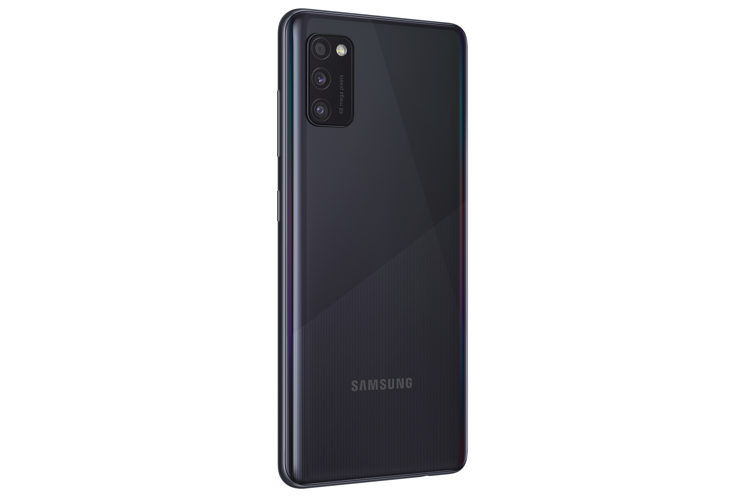 Schwarze Smartphone-Rückseite mit Kameras und Samsung-Logo. Diagonale Linien für Design.