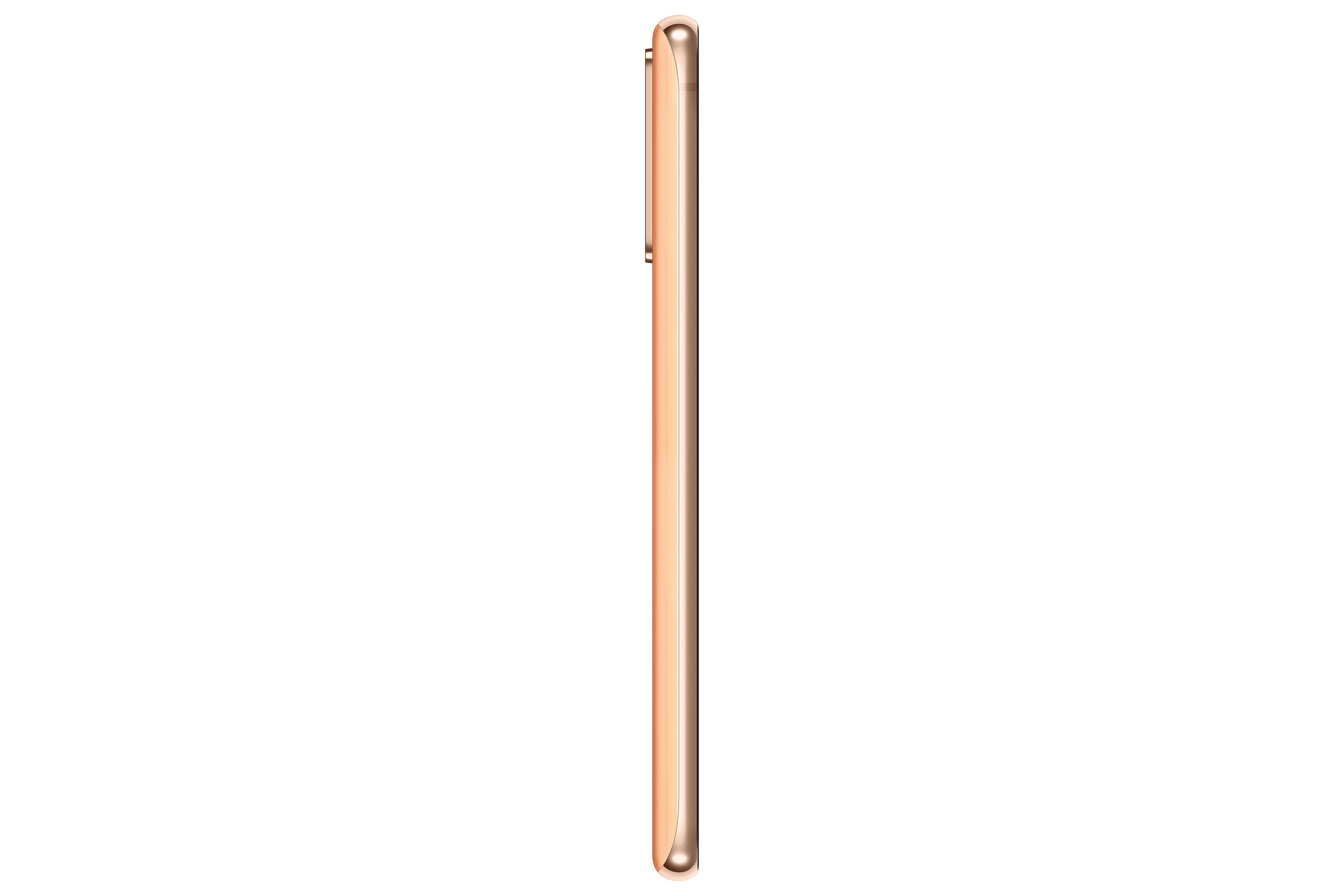 Zijaanzicht van een roségouden smartphone. Slank en elegant design met een lichte toon.