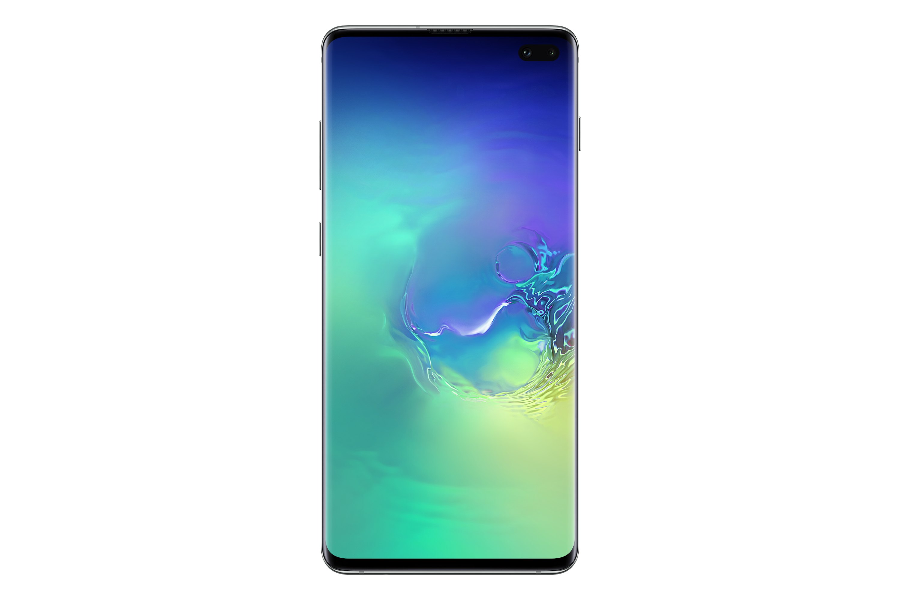 Ein Smartphone auf weißem Hintergrund. Der Bildschirm zeigt ein blaues und grünes abstraktes Bild.