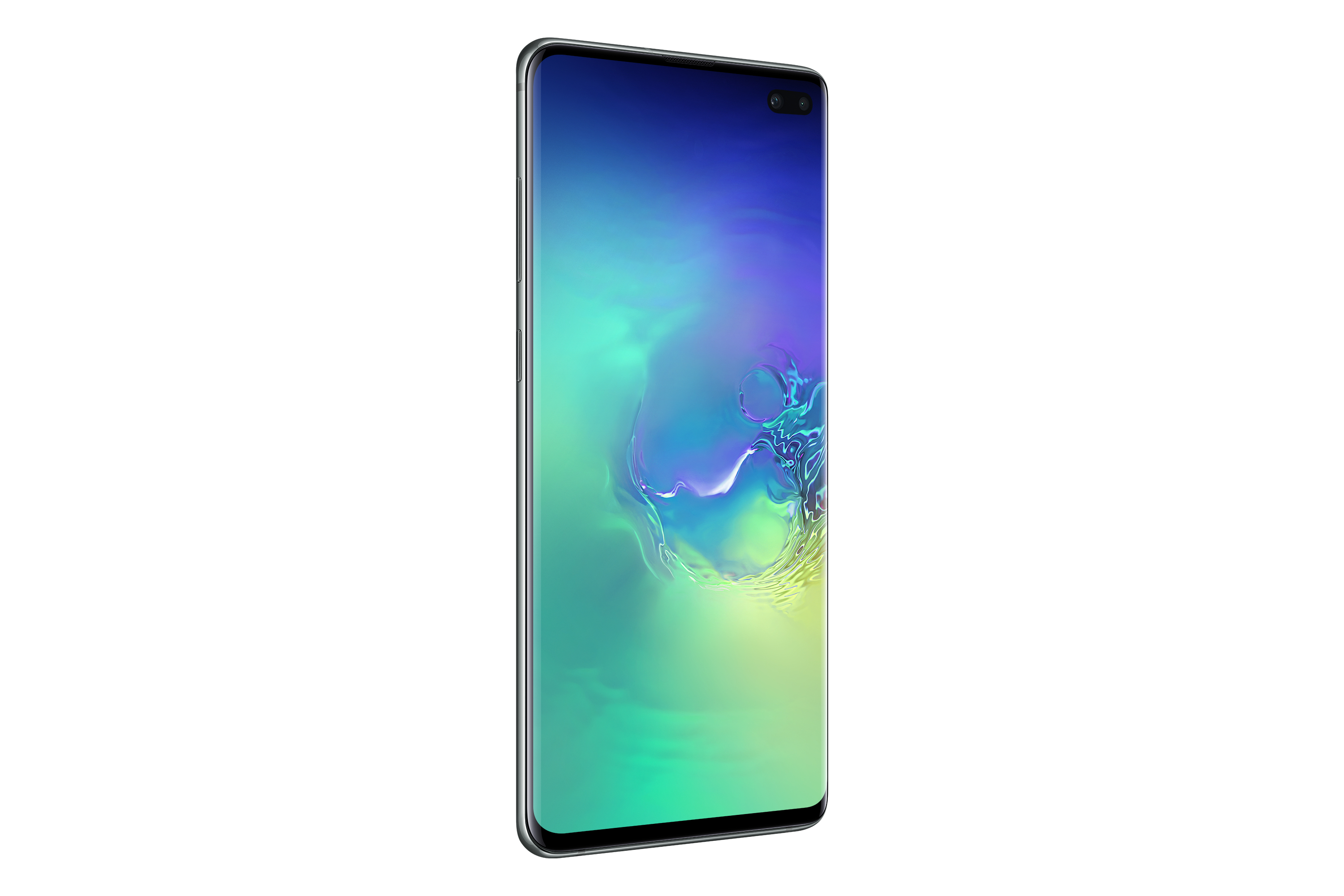 Ein modernes Smartphone mit gebogenem Bildschirm. Der Bildschirm zeigt Blau- und Grüntöne.