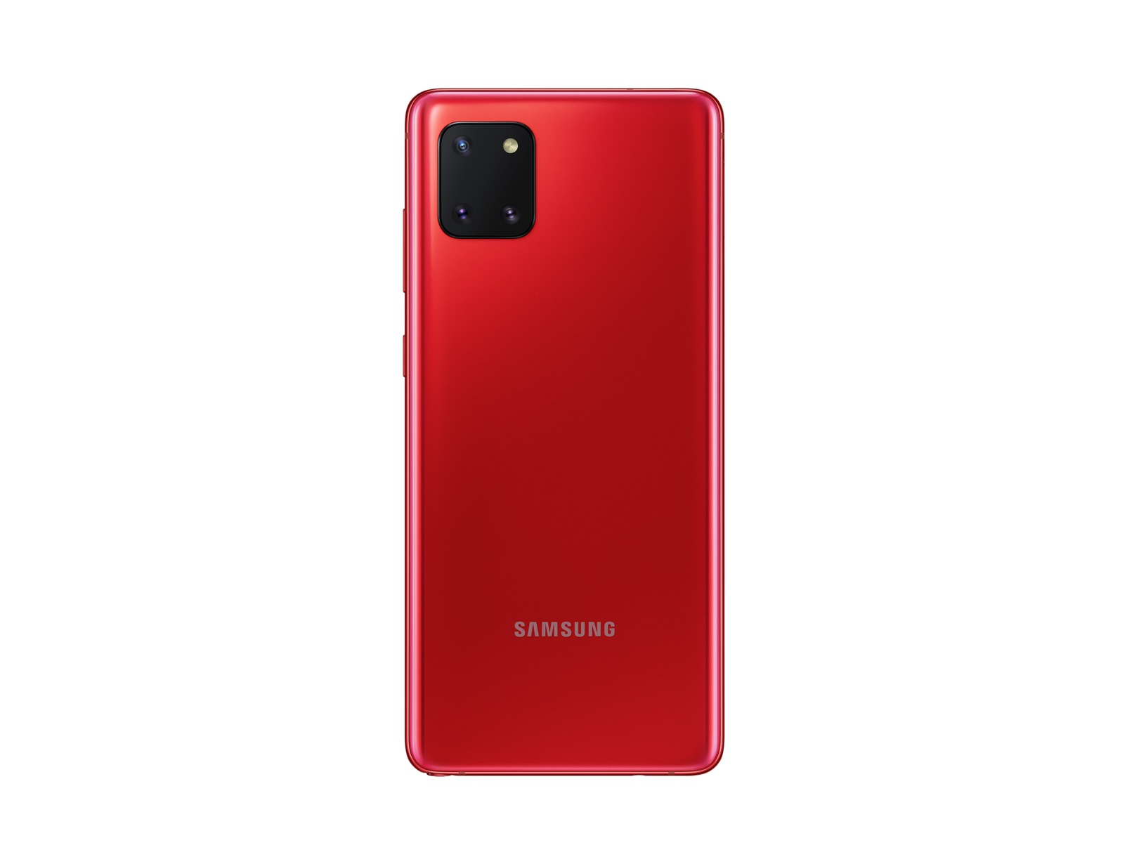 Ein rotes Samsung-Telefon, Rückansicht, mit einem Kameramodul oben links, isoliert auf Weiß.
