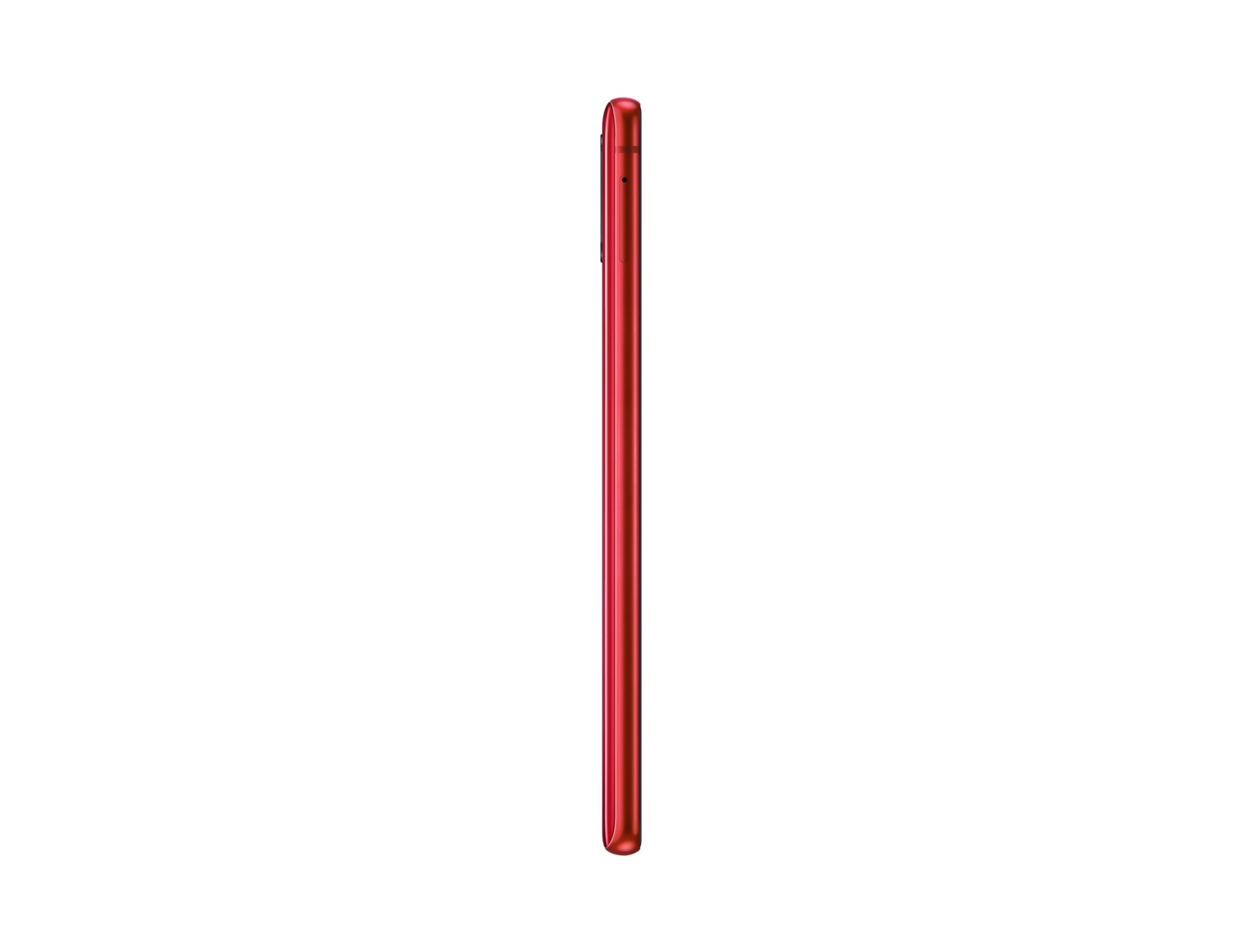 Die Seitenansicht eines roten Smartphones, die ein schlankes, schlankes Profil zeigt.