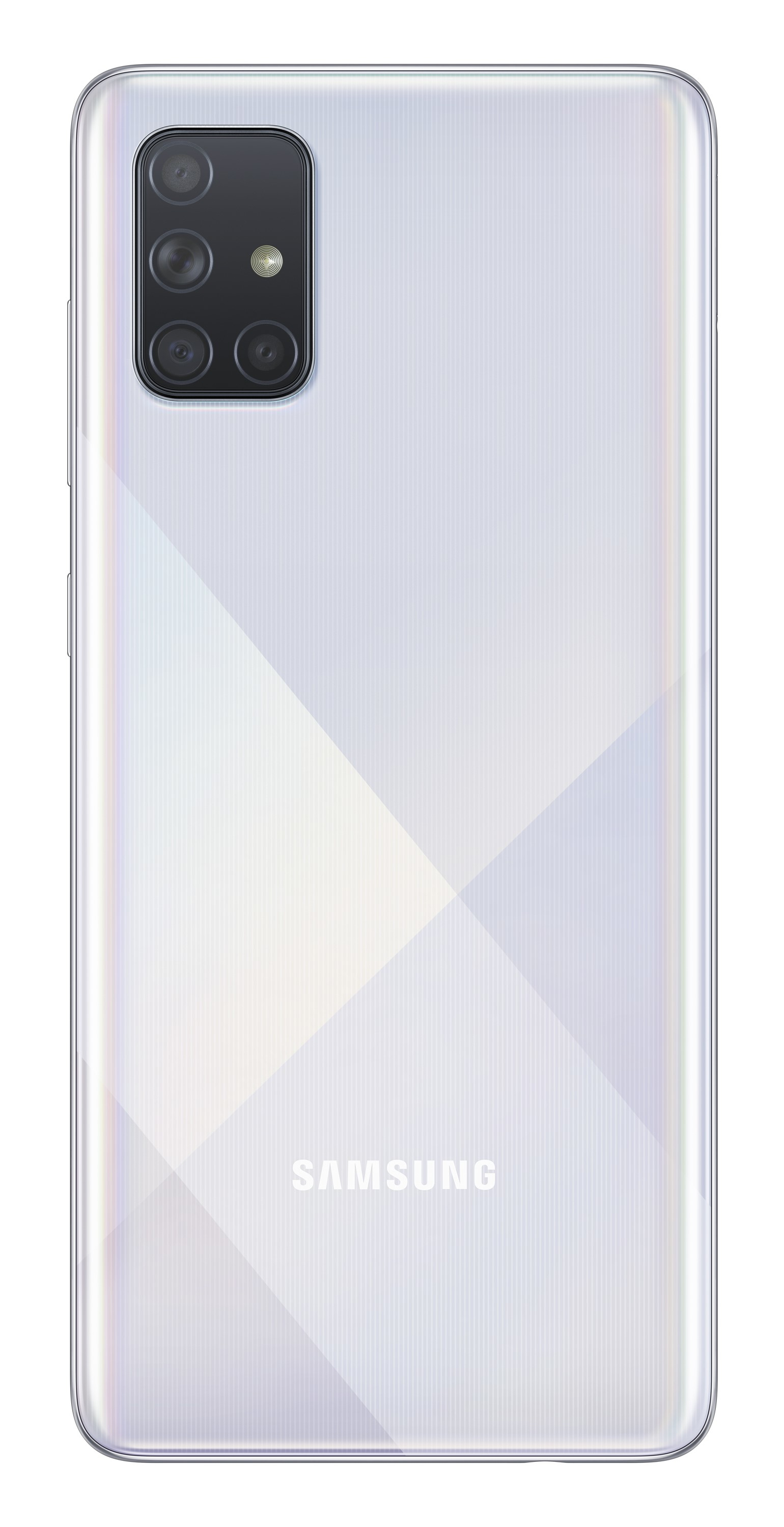 Weißes Samsung-Telefon hinten. Es hat vier Kameras und das Samsung-Logo. Die Rückseite hat eine glänzende Oberfläche.