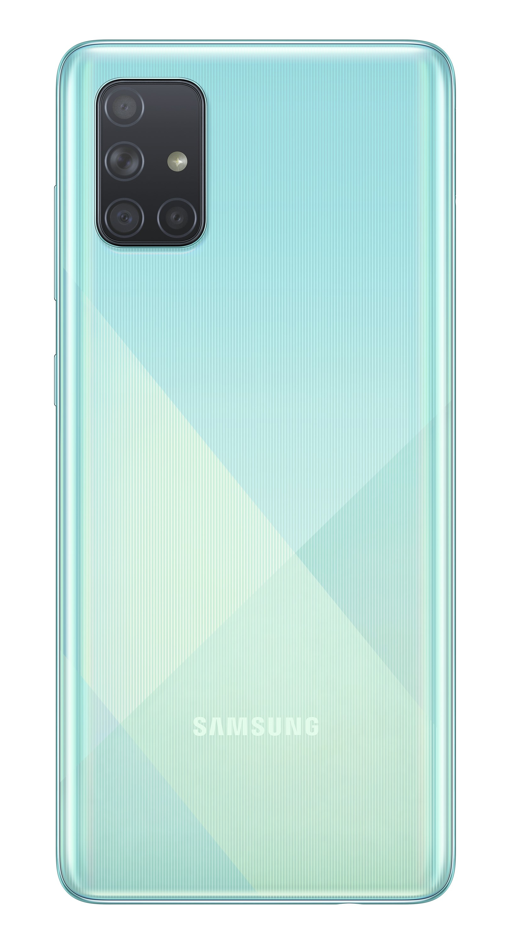 Ein hellblaues Smartphone mit Mehrfachkamera und Samsung-Logo. Die Rückseite hat ein Diamantmuster.