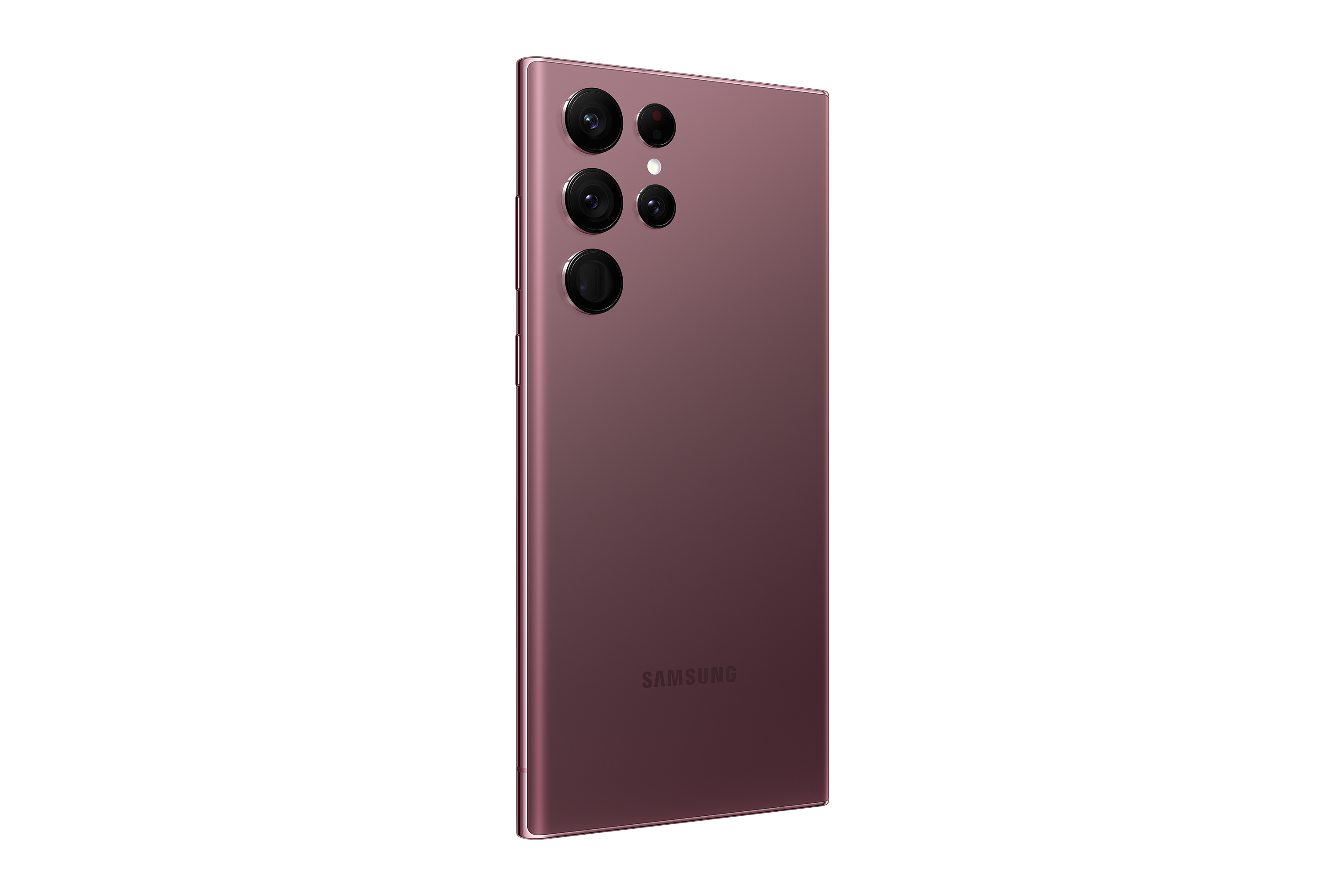 Rückansicht eines lila Telefons mit mehreren Kameras und einem Samsung-Logo.