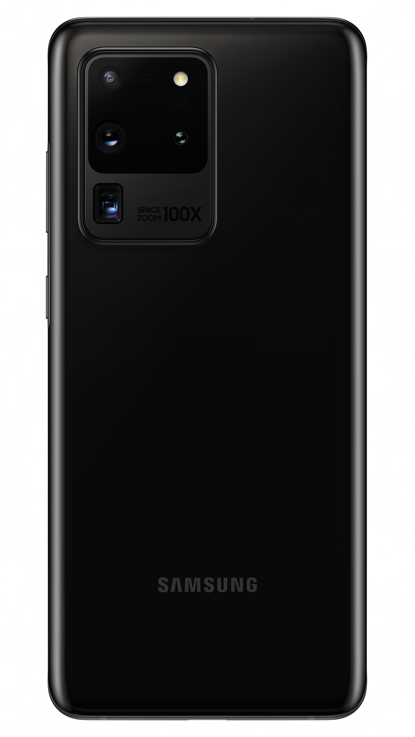 Schwarze Smartphone-Rückseite mit Kamera-Array. 'SPACE ZOOM 100X' Etikett. 'SAMSUNG'-Logo unten. Isoliert.