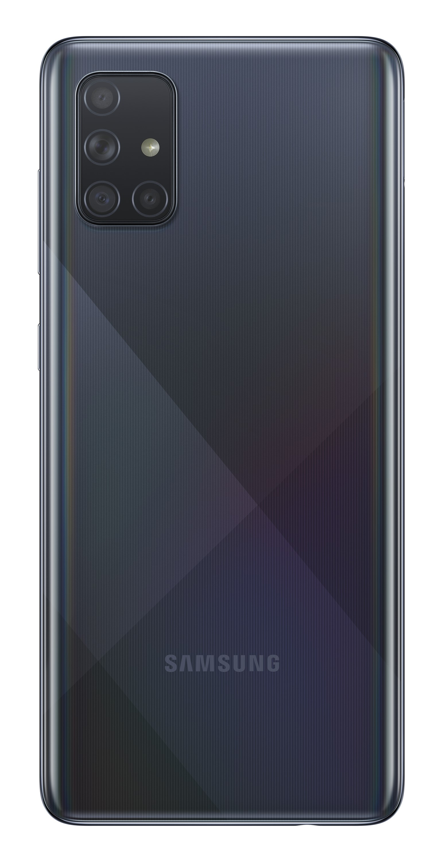 Schwarzes Smartphone mit vier Kameras. Das Telefon hat eine dunkle, gemusterte Rückseite.