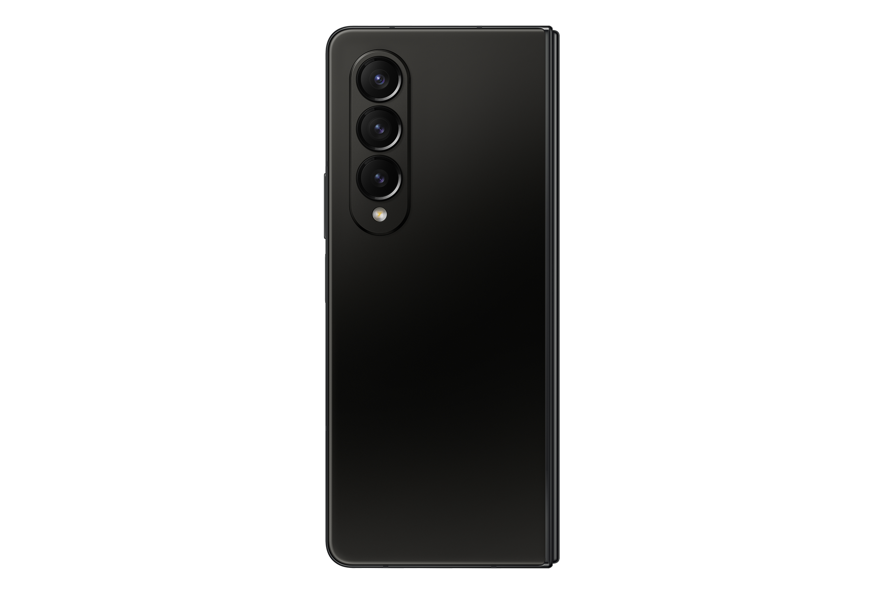 Zwarte opvouwbare telefoon met drie camera's op een witte achtergrond.