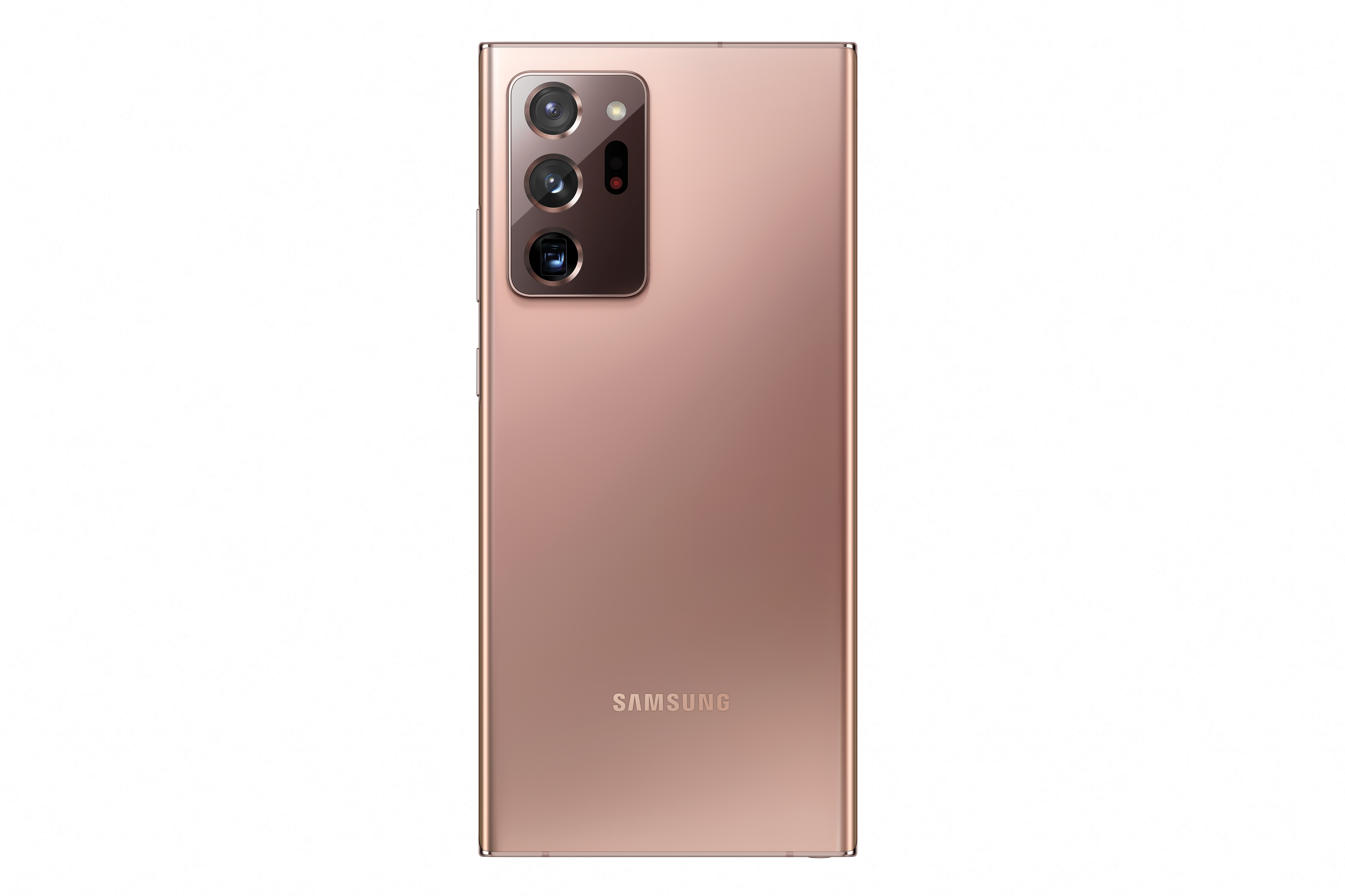 Rückansicht des roségoldenen Samsung-Telefons. Drei Kameras, Samsung-Logo.