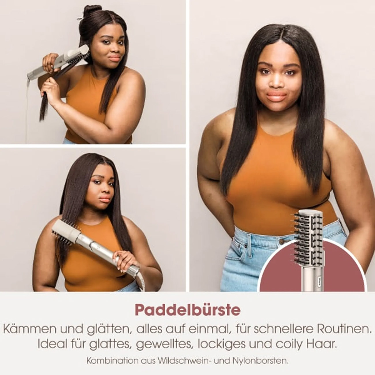 Kobieta z różnymi fryzurami, używająca szczotki. Tekst: 'Paddle brush' i opis.