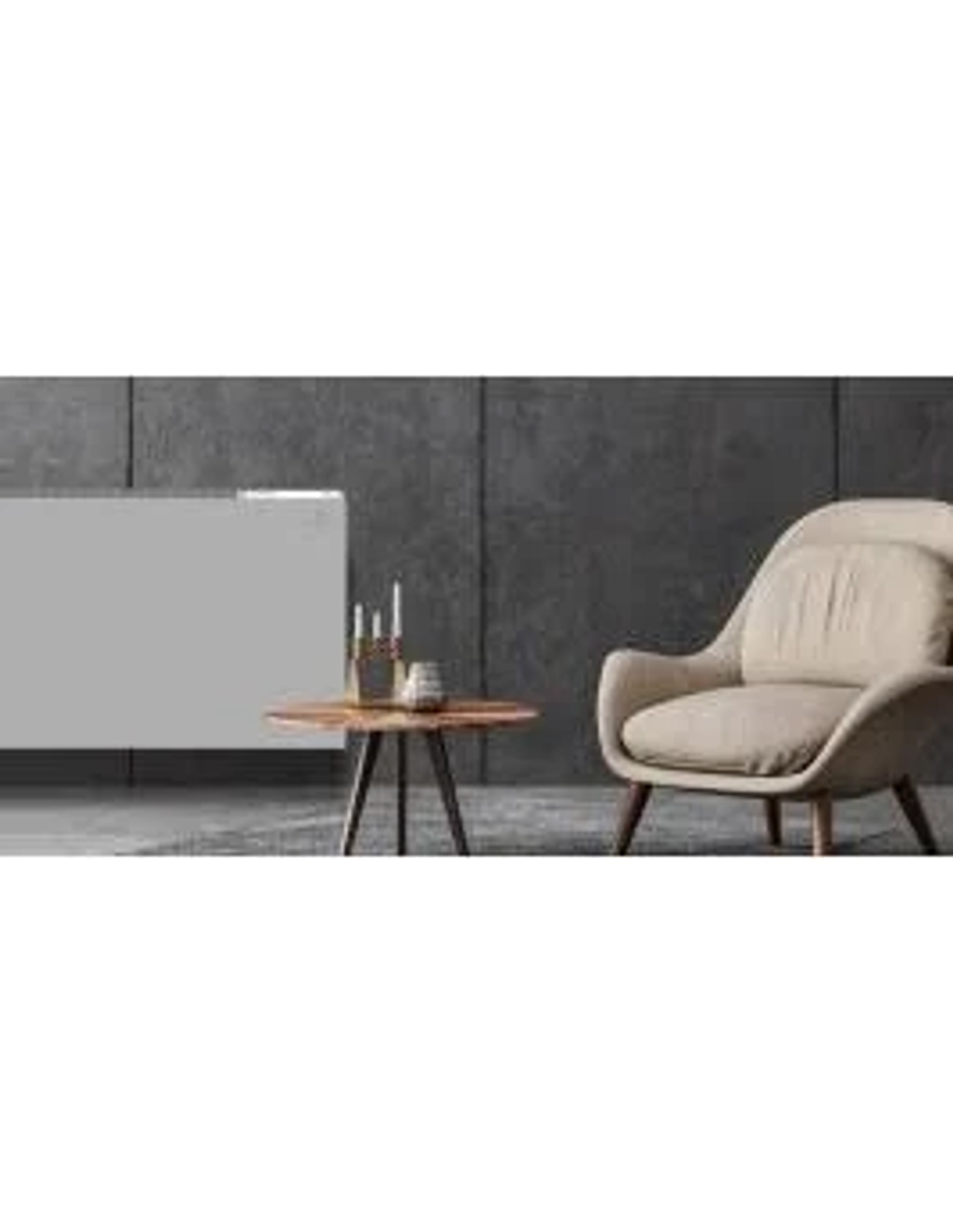 Scena wnętrza ze stołem ze świecami i beżowym fotelem. Szara ściana.