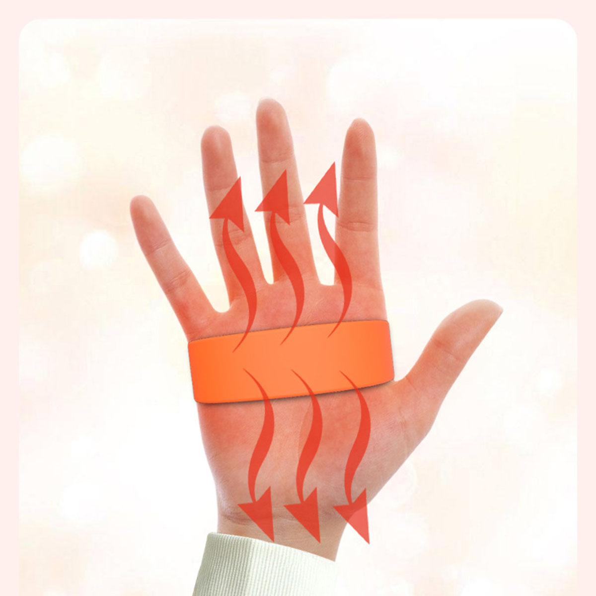 Hand mit einem orangefarbenen Band. Pfeile zeigen auf die Hand.