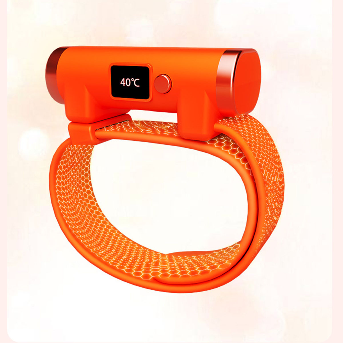 Oranger Fitness-Tracker am Handgelenk, zeigt 40 Grad Celsius.