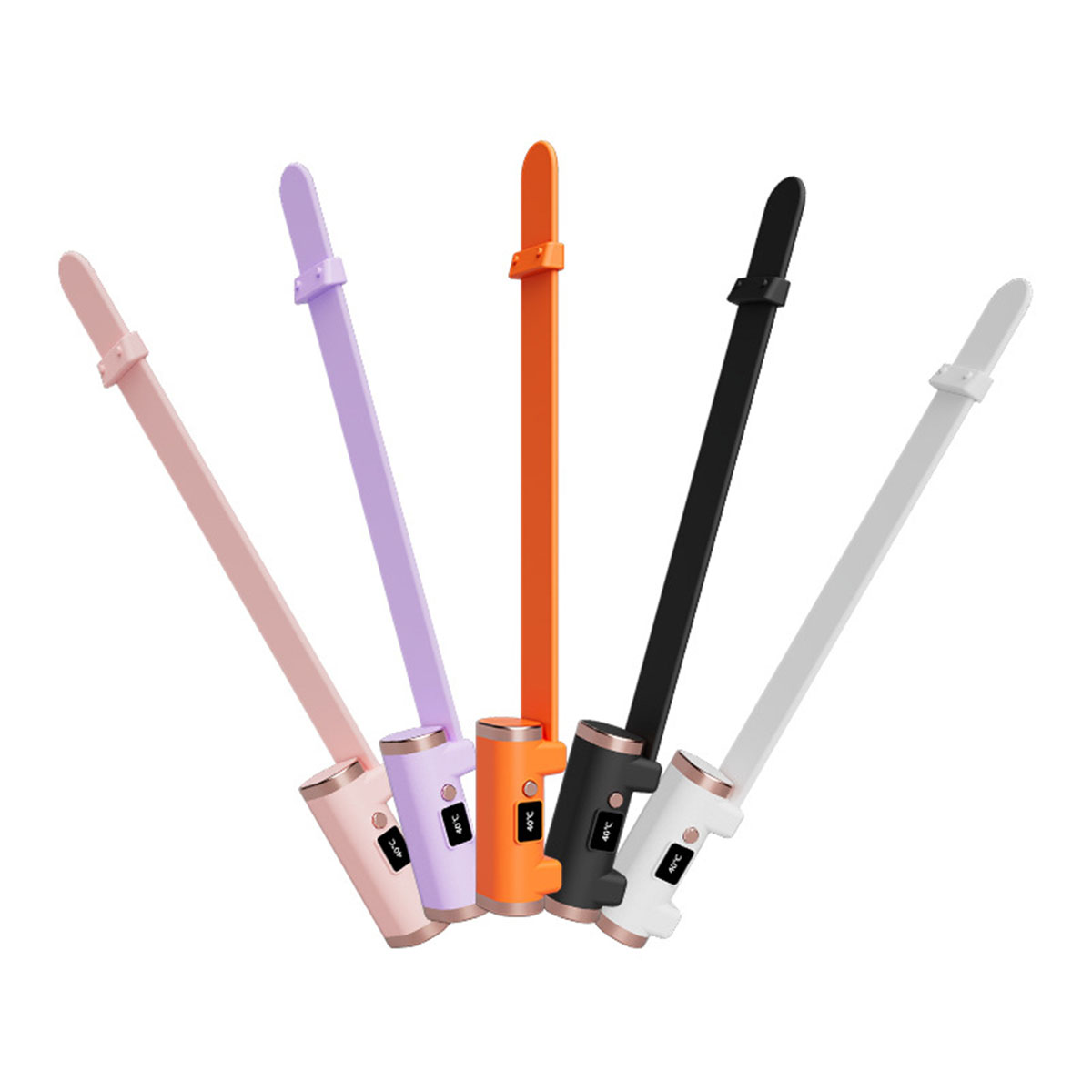 Fünf farbige Haarstyling-Tools, jedes mit Digitalanzeige mit Temperaturanzeige.