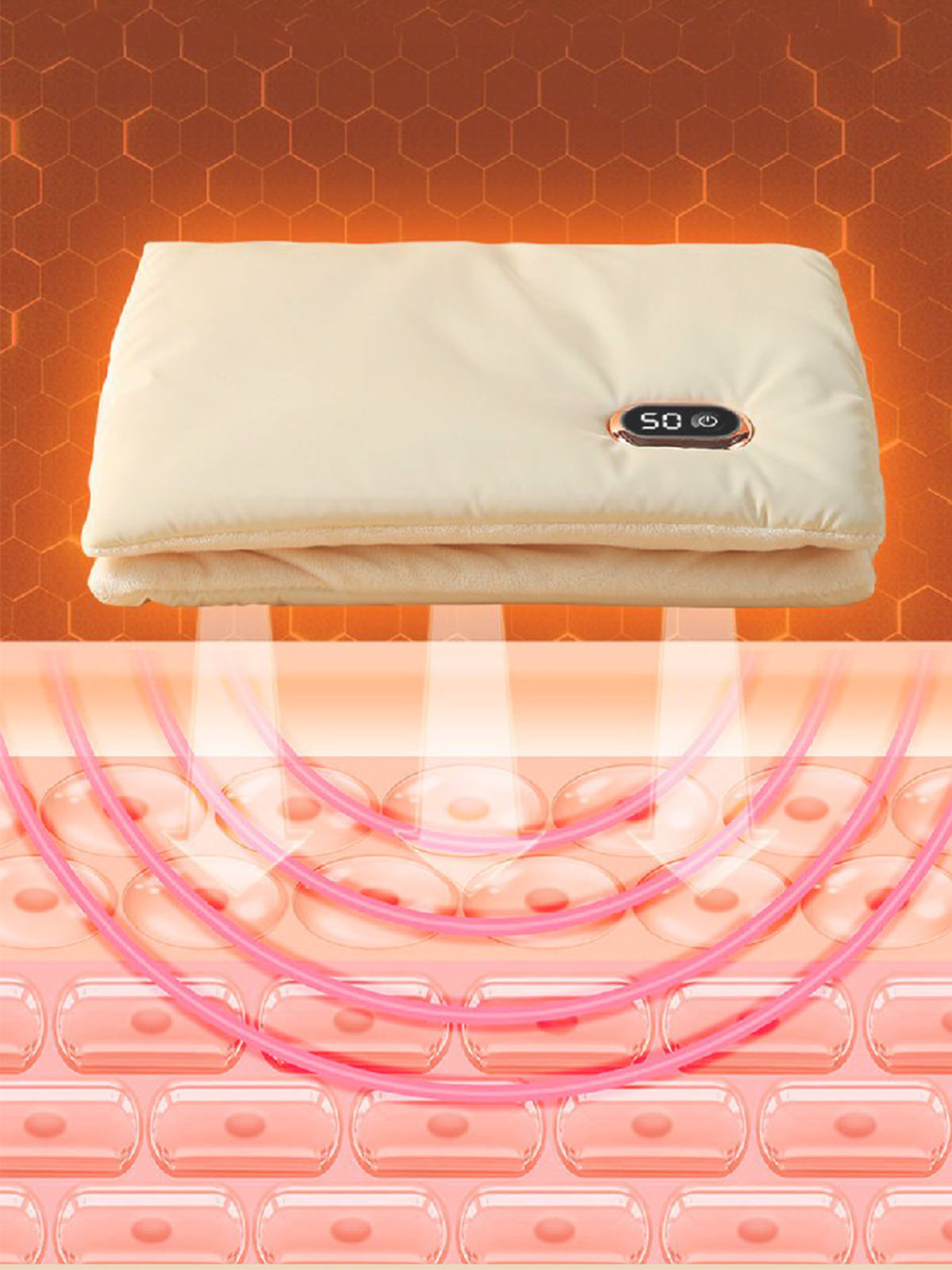 Eine beige Heizdecke mit digitaler Anzeige, dargestellt mit einem Hautquerschnitt.
