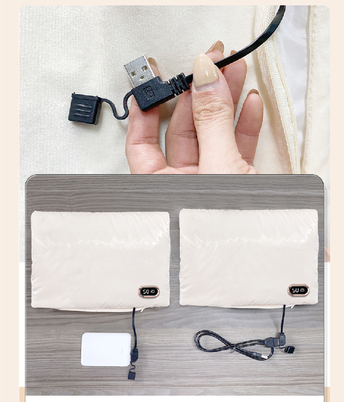 Nahaufnahme einer Hand, die ein USB-Kabel hält, das mit einem weißen Heizkissen verbunden ist.