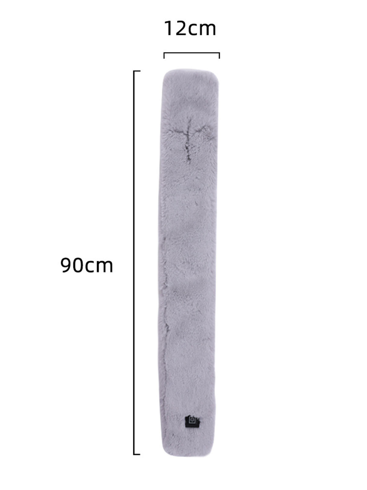 Ein grauer, rechteckiger, beheizter Schal mit den angegebenen Maßen: 90 cm lang und 12 cm breit.