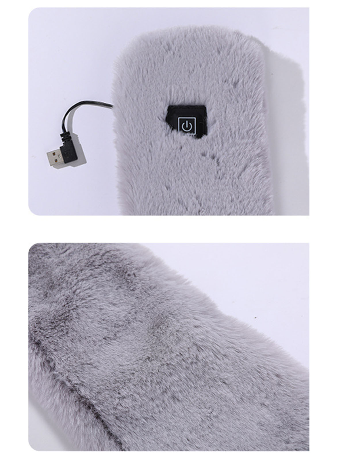 Nahaufnahme eines grauen, flauschigen Schals. Power-Taste und USB-Stecker. Weißer Hintergrund.