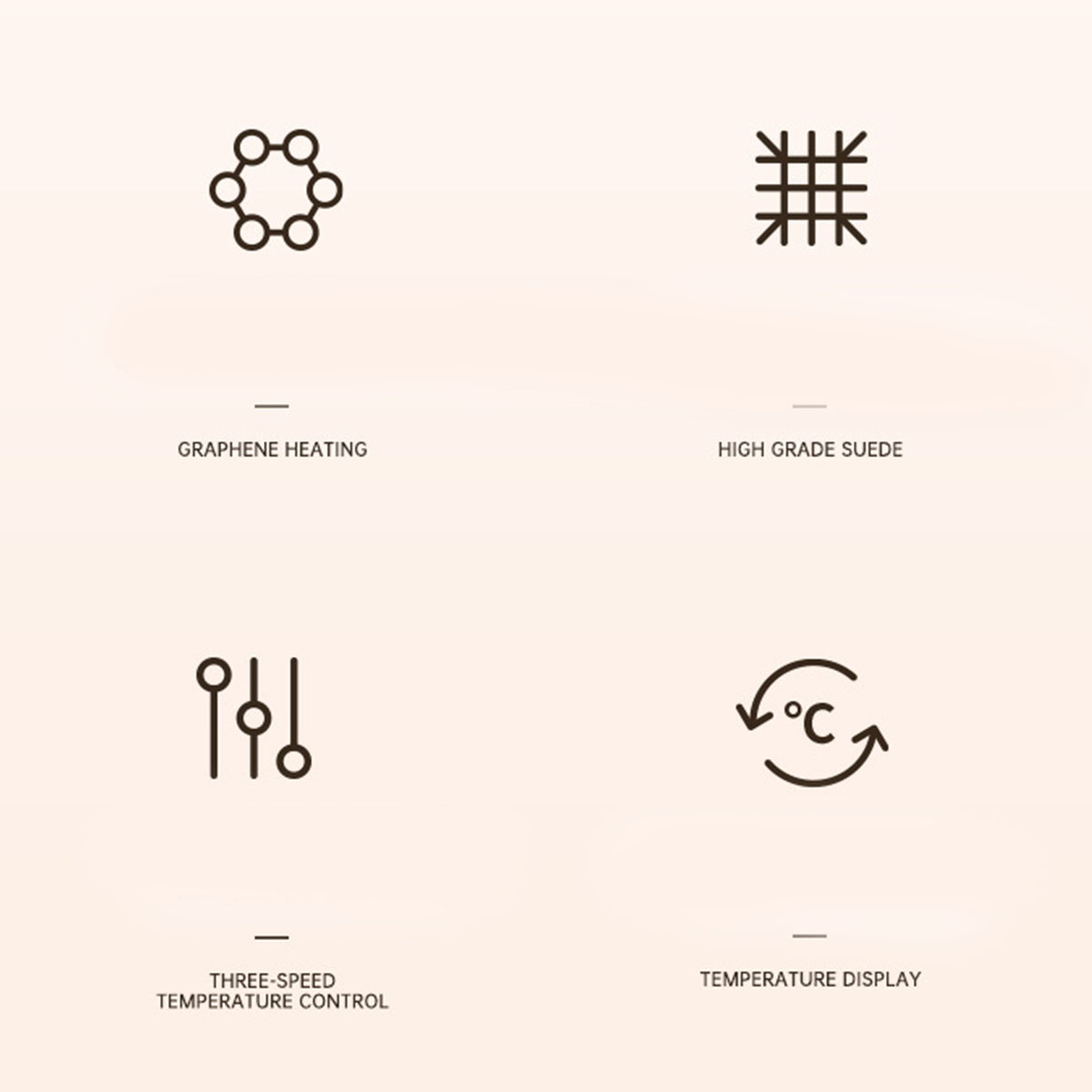 Vier Symbole mit Beschreibungen, darunter Heizung, Wildleder, Temperaturregelung und Anzeige.