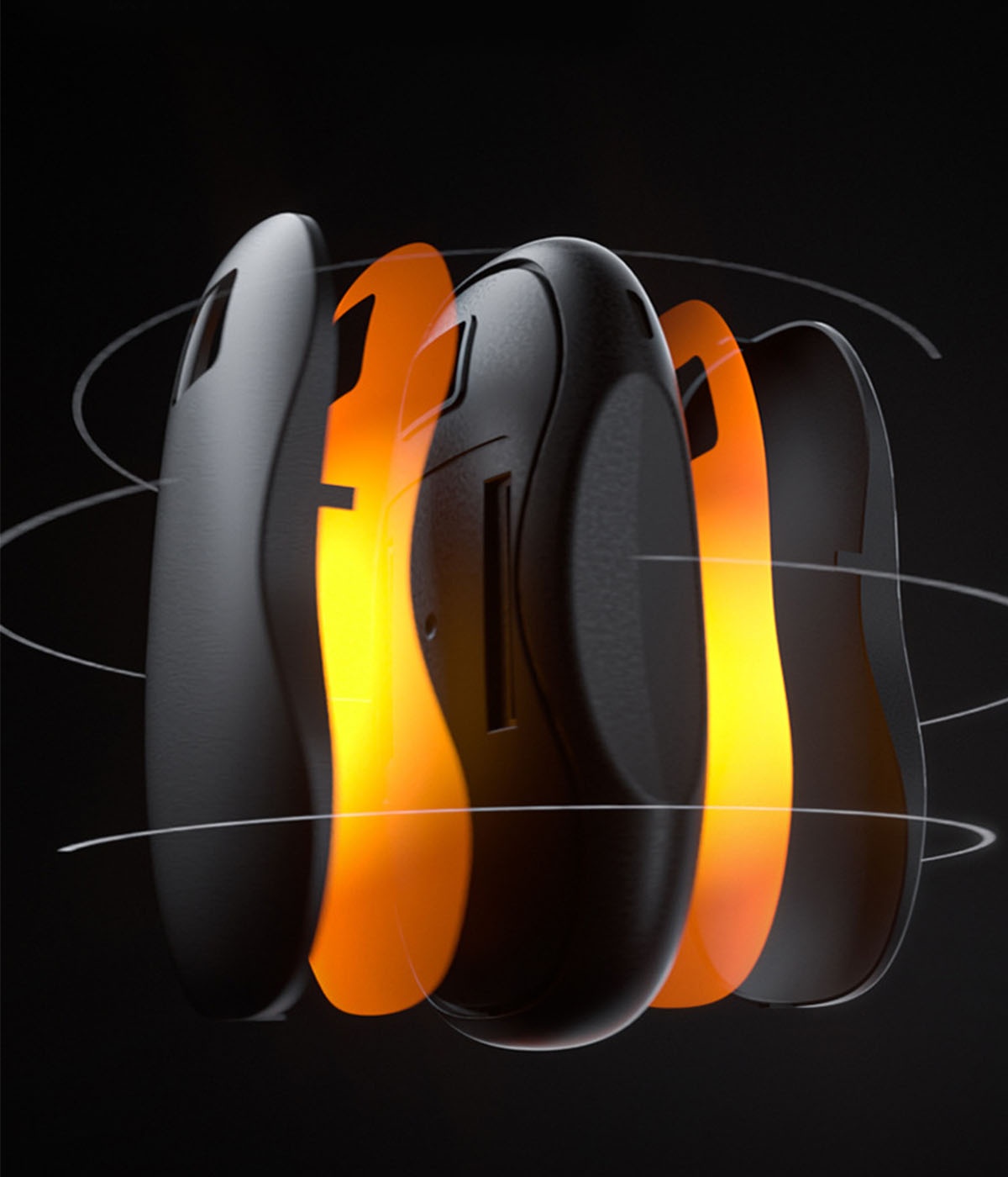 Handyhülle mit mehrschichtigem Design, in Schwarz mit orangen Akzenten.