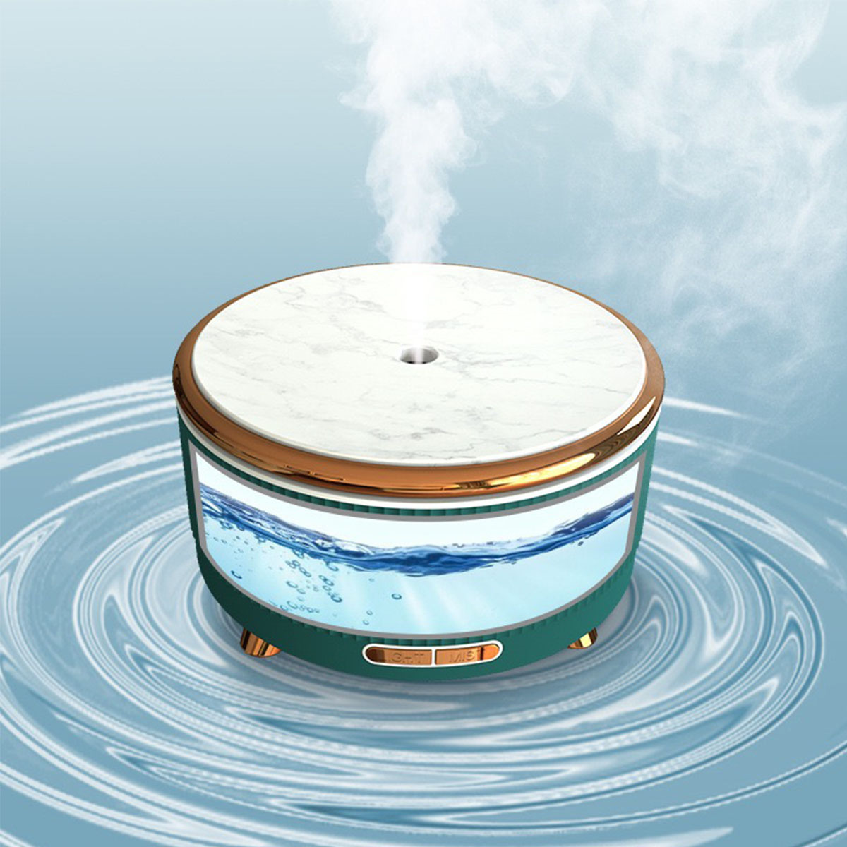 Ein weißer und marmorgekrönter Luftbefeuchter mit aufsteigendem Dampf, der im Wasser steht. Goldakzente und blauer Hintergrund.