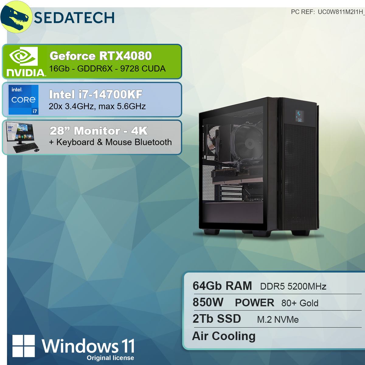 SEDATECH Intel i7-14700KF, PC-desktop mit Prozessor, RAM, 2000 GB 64 GB Intel i7-14700KF 16 SSD, GB