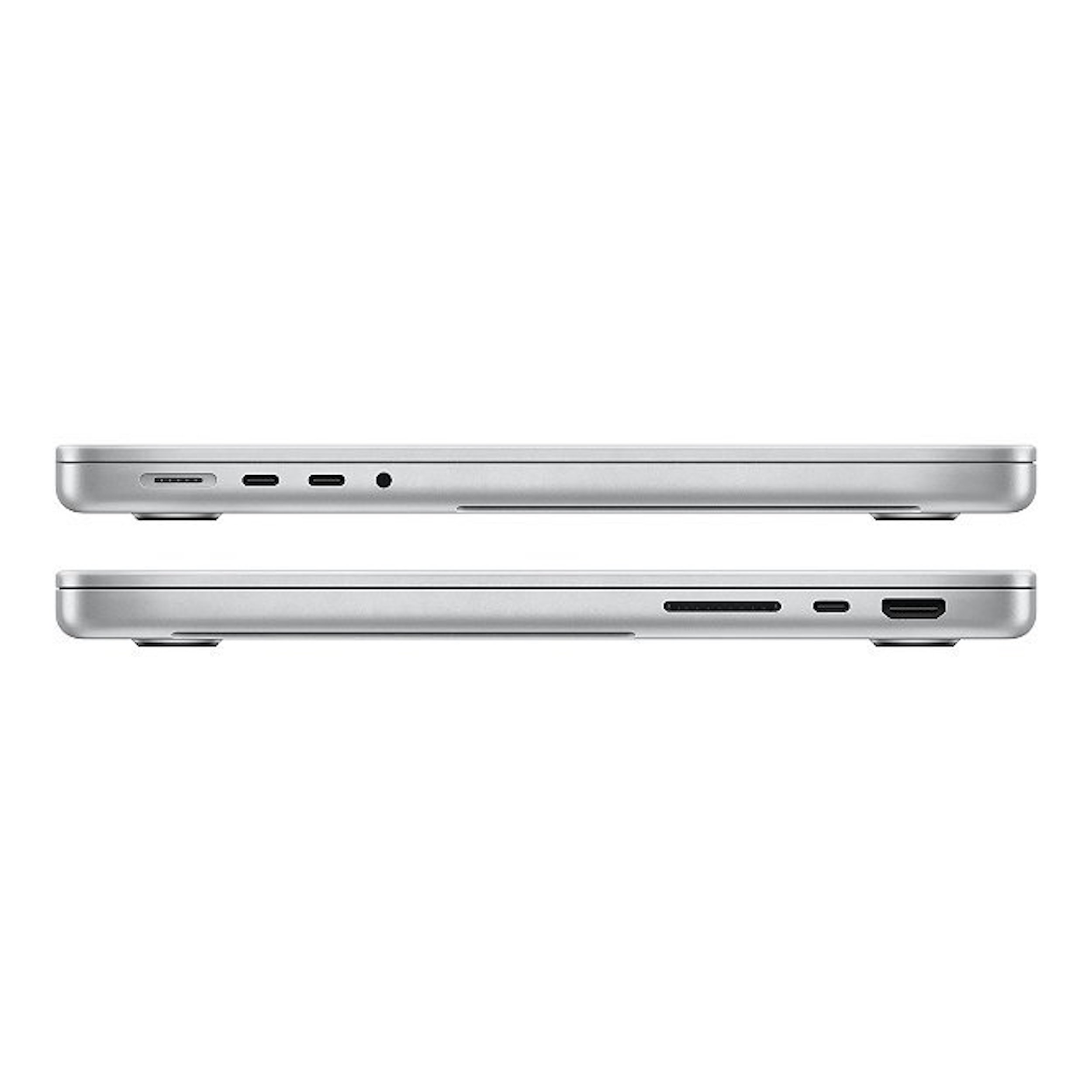 Zwei silberne Laptops nebeneinander, die das Seitenprofil mit Anschlüssen und Lautsprechern zeigen.