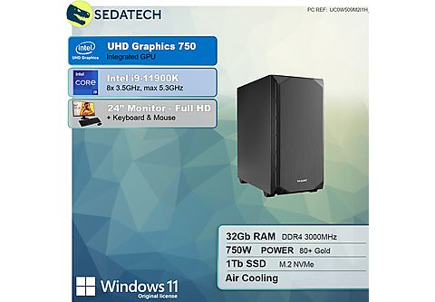 PC de sobremesa - SEDATECH Intel i9-11900K, Intel i9-11900K 8x 3.5Ghz (max 5.3Ghz), 32 GB RAM, 1000 GB SSD, UHD 750, Windows 11 Home (64 Bit), Windows 11 Home multilingüe, Negro