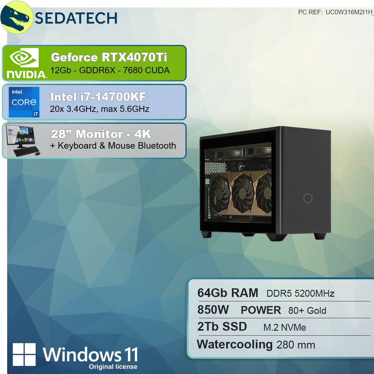 SEDATECH Intel i7-14700KF mit Wasserkühlung, 12 PC-desktop Prozessor, GB SSD, RAM, Intel 2000 GB GB 64 i7-14700KF mit