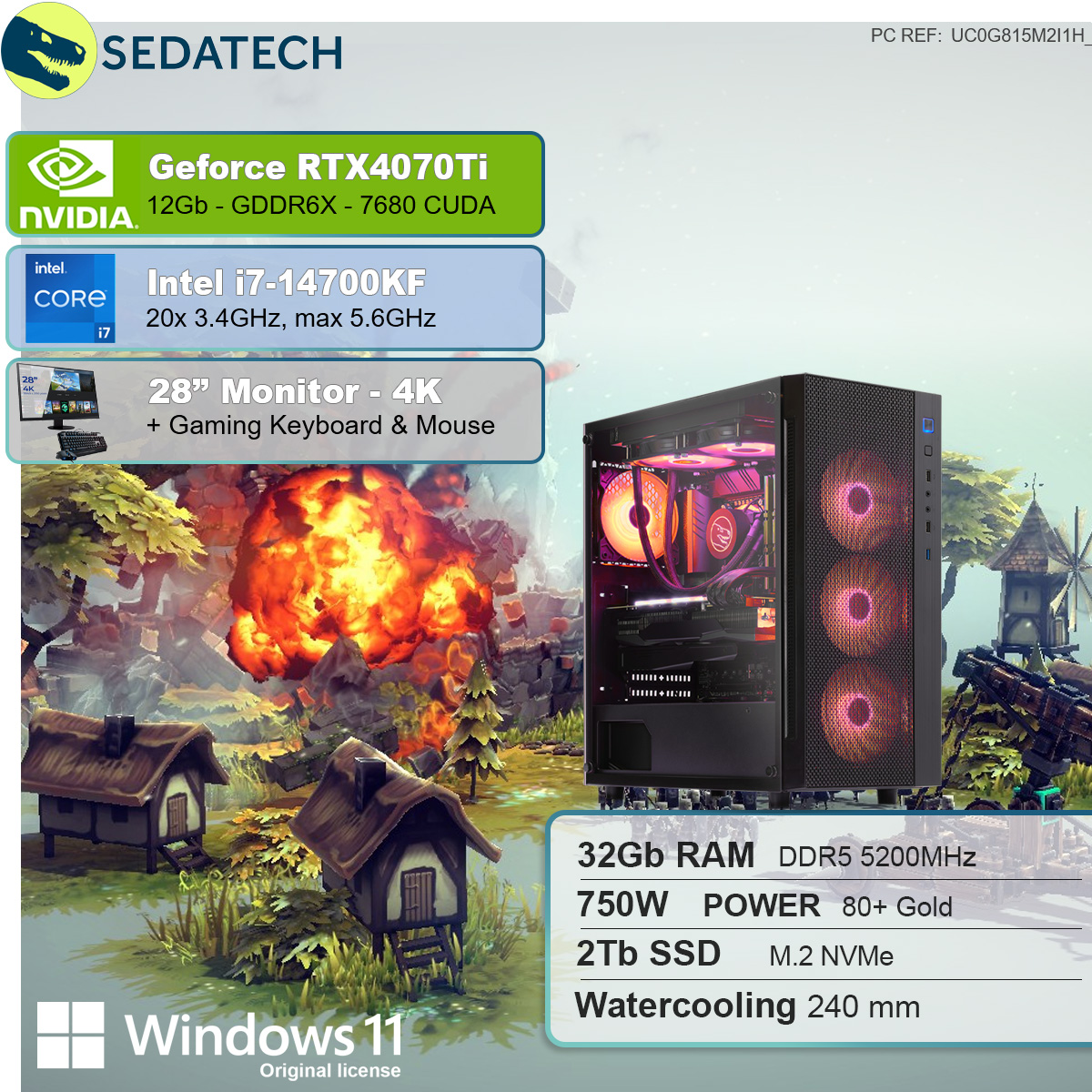 SEDATECH Intel i7-14700KF mit SSD, mit Gaming i7-14700KF 32 Intel GB Wasserkühlung, 2000 RAM, GB Prozessor, PC GB 12
