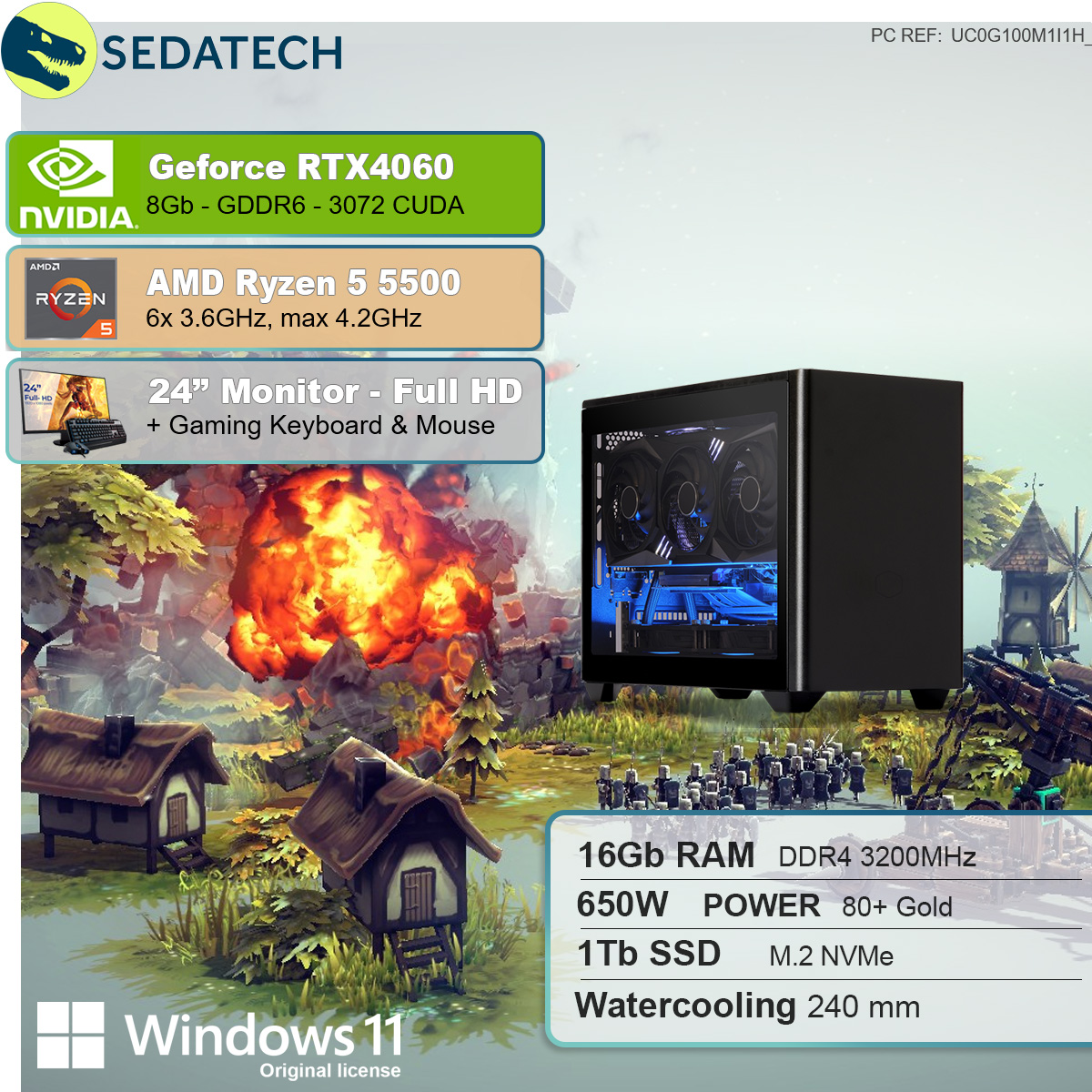 SEDATECH AMD Ryzen 16 PC 8 mit Prozessor, 5 GB GB 1000 AMD 5 Ryzen mit 5500 5500 Wasserkühlung, Gaming SSD, GB RAM