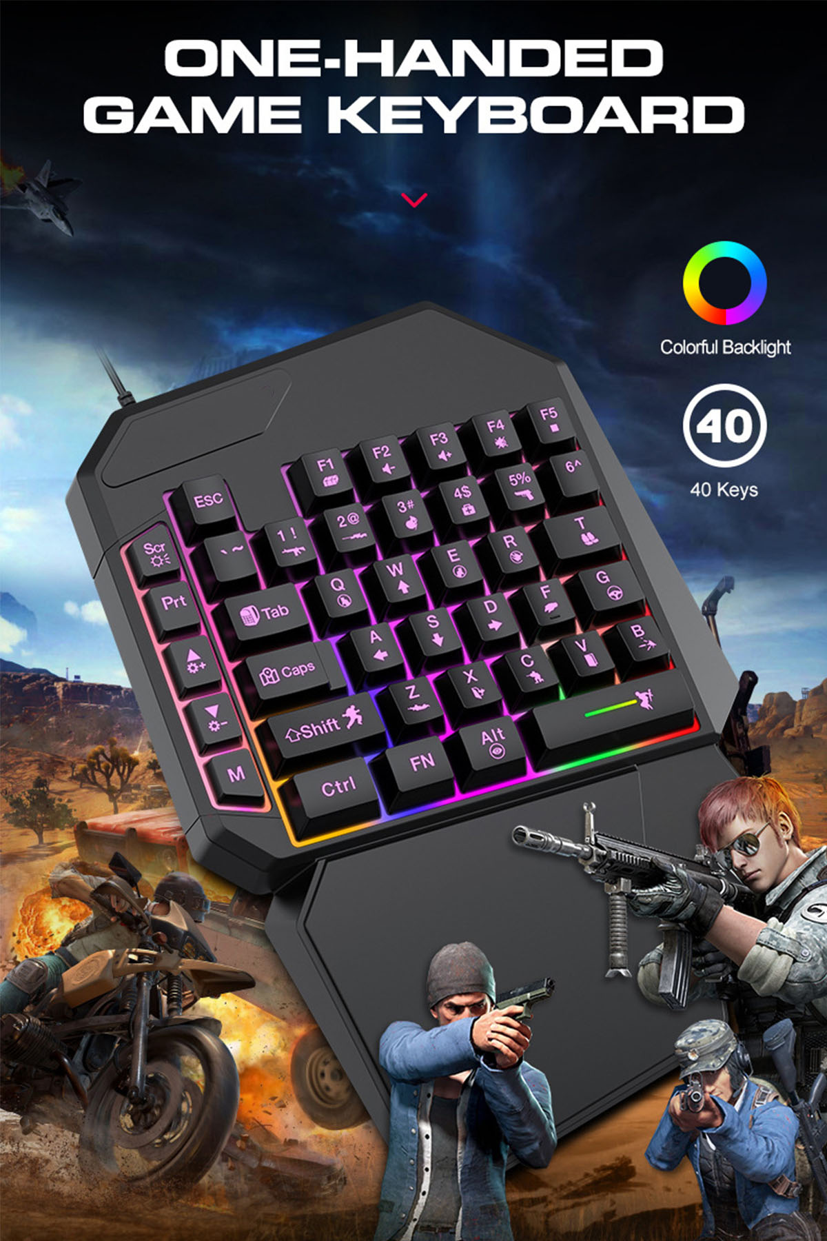 Einhand-Gaming-Tastatur mit farbenfroher Hintergrundbeleuchtung und 40 Tasten, mit Spielszene im Hintergrund.