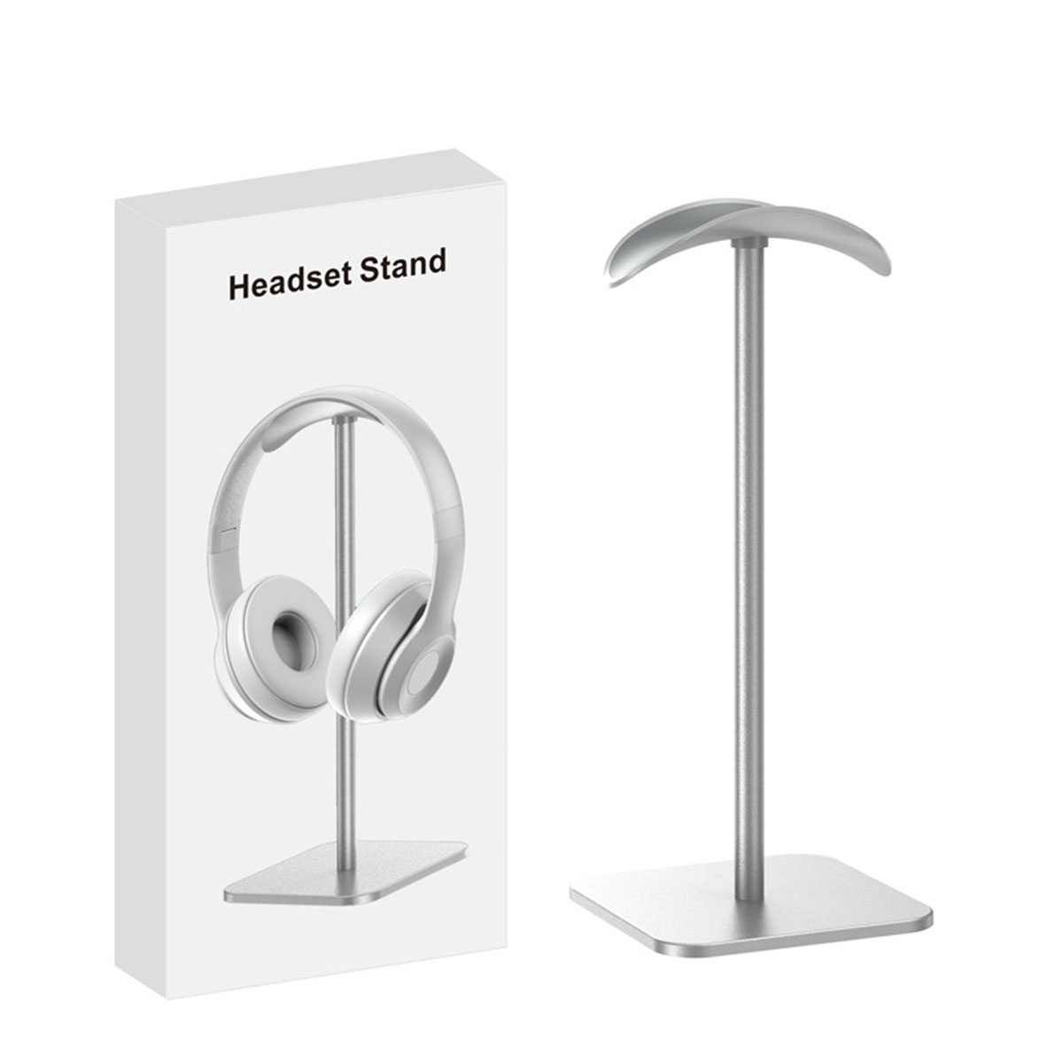 Headset-Ständer und Verpackung. Der Ständer ist silberfarben, die Verpackung weiß.
